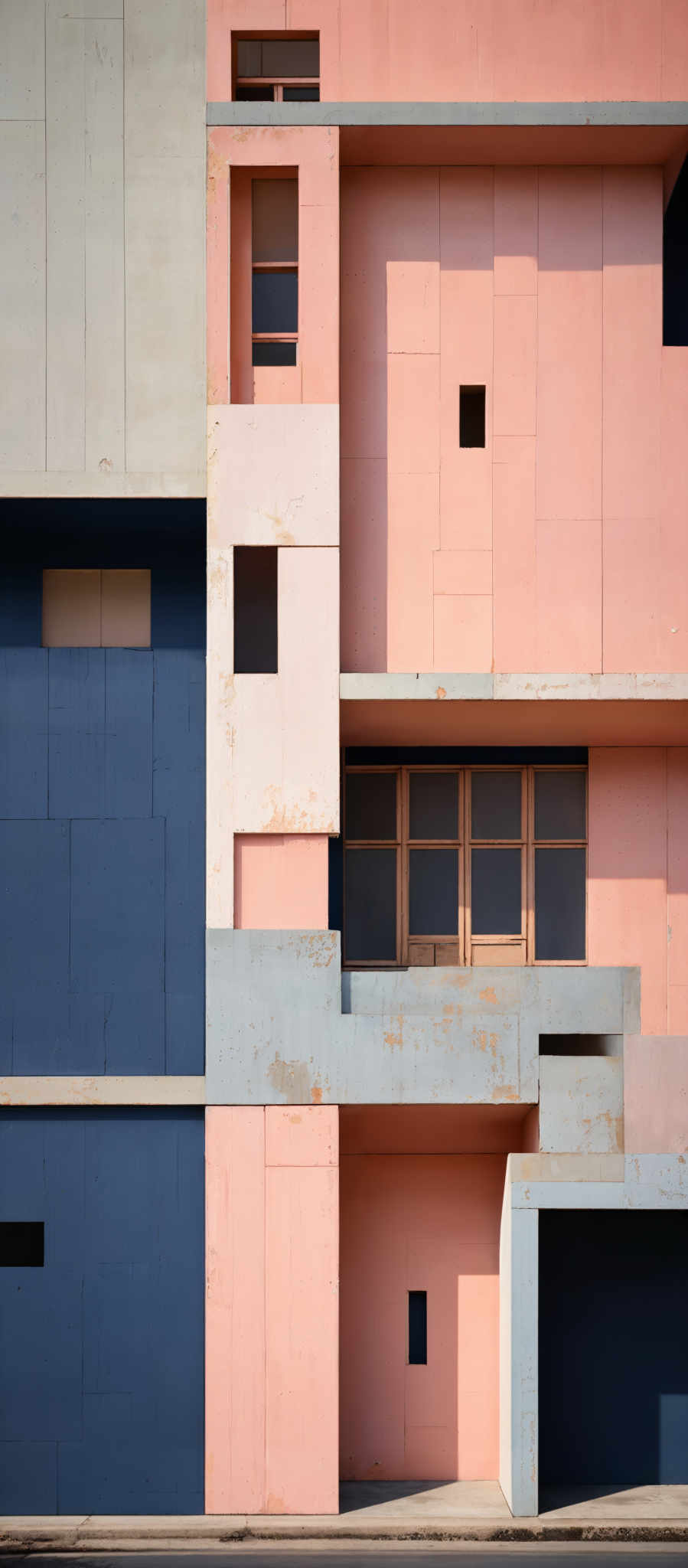 The image showcases a building facade with a unique and abstract design. The predominant colors are shades of pink, blue, and gray. The building has various geometric shapes, including rectangles, squares, and irregular cut-outs. There are also windows and doorways, some of which are rectangular and others appear to be irregularly shaped. The overall design gives an impression of a modern architectural piece, possibly inspired by brutalist or mid-century modern styles.