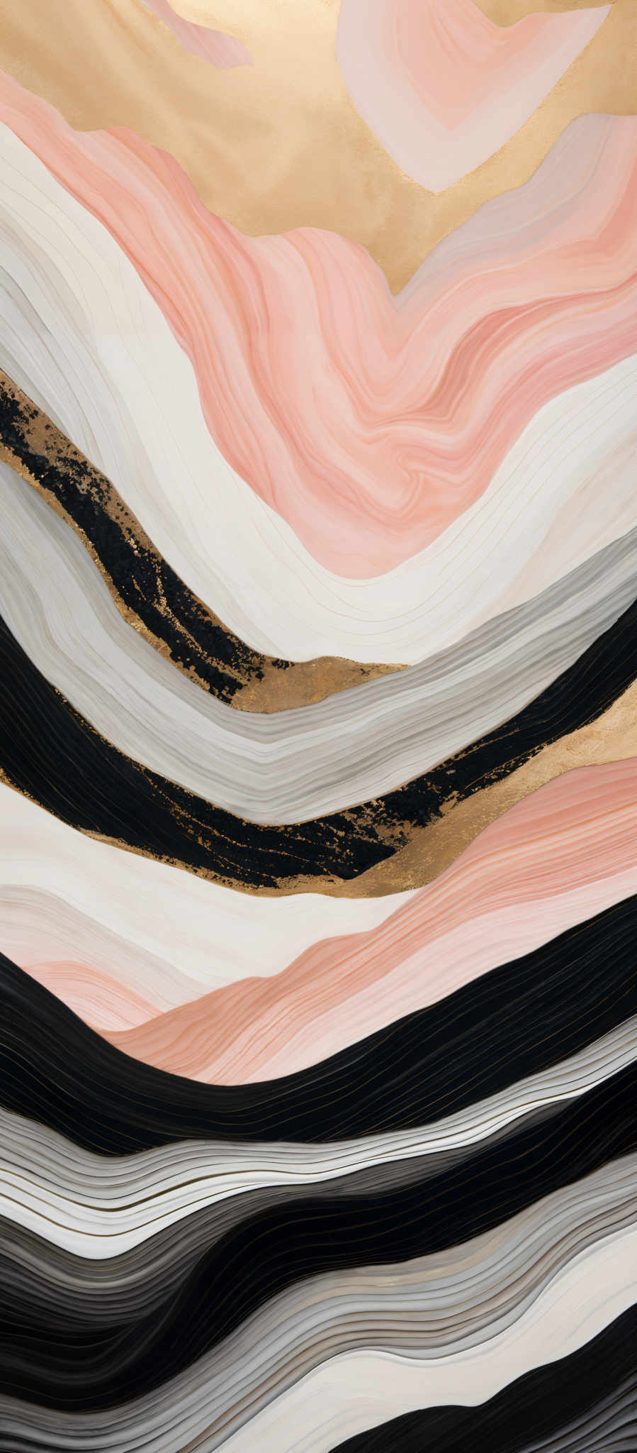 The image showcases a marbled pattern with a combination of soft pastel colors and bold contrasts. The dominant colors include shades of pink, gold, black, and white. The marbled design consists of layered bands, with some areas having a glossy gold finish, while others are darker with a black or deep gray hue. The swirling patterns create a sense of depth and movement, giving the image a dynamic and elegant feel.