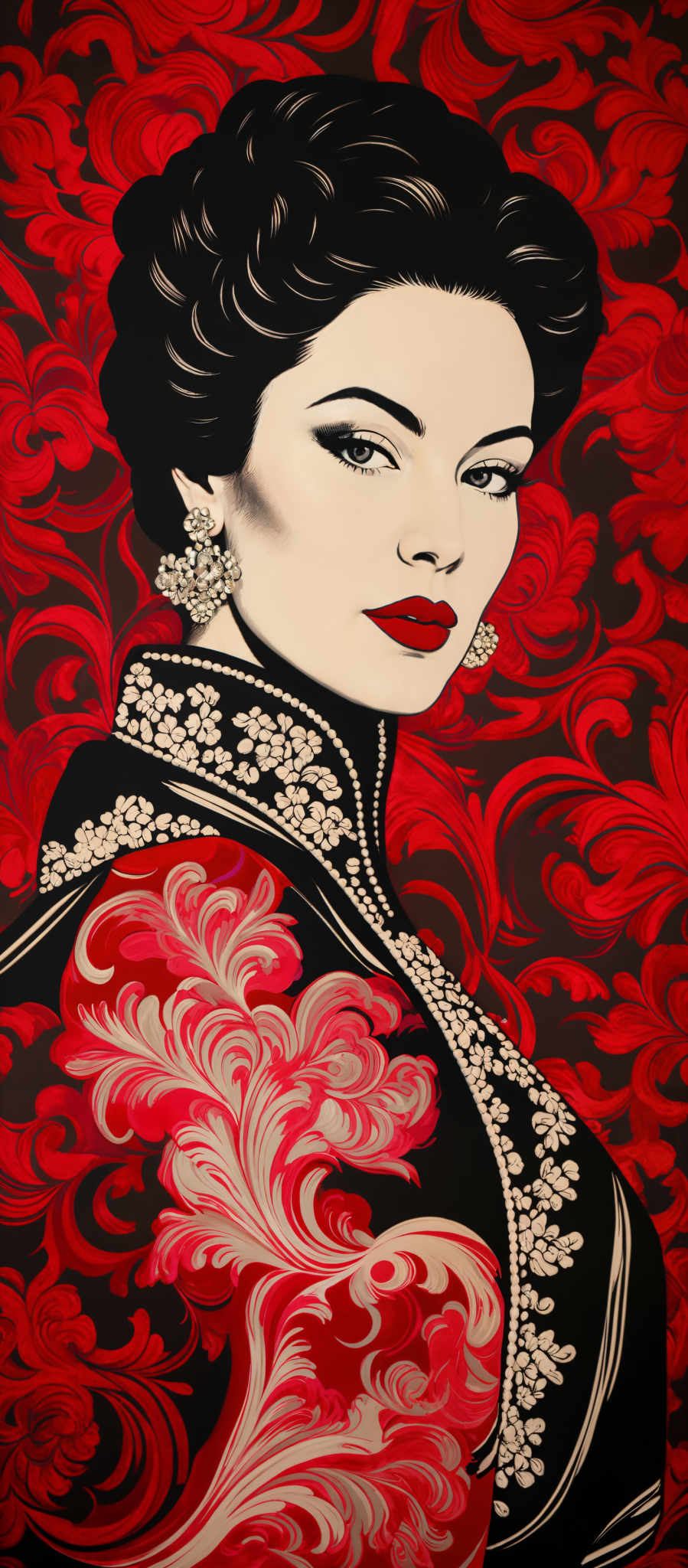 The image predominantly features a rich red background with intricate swirling patterns. The central figure is a woman with striking features. She has dark, voluminous hair styled in an updo, and her makeup is bold, with emphasis on her red lips and dark eyeliner. She is adorned with large, ornate earrings that appear to be made of multiple gemstones. The woman is wearing a high-collared garment with detailed embroidery, predominately in shades of red and black. The embroidered design on her garment resembles swirled patterns and floral motifs.