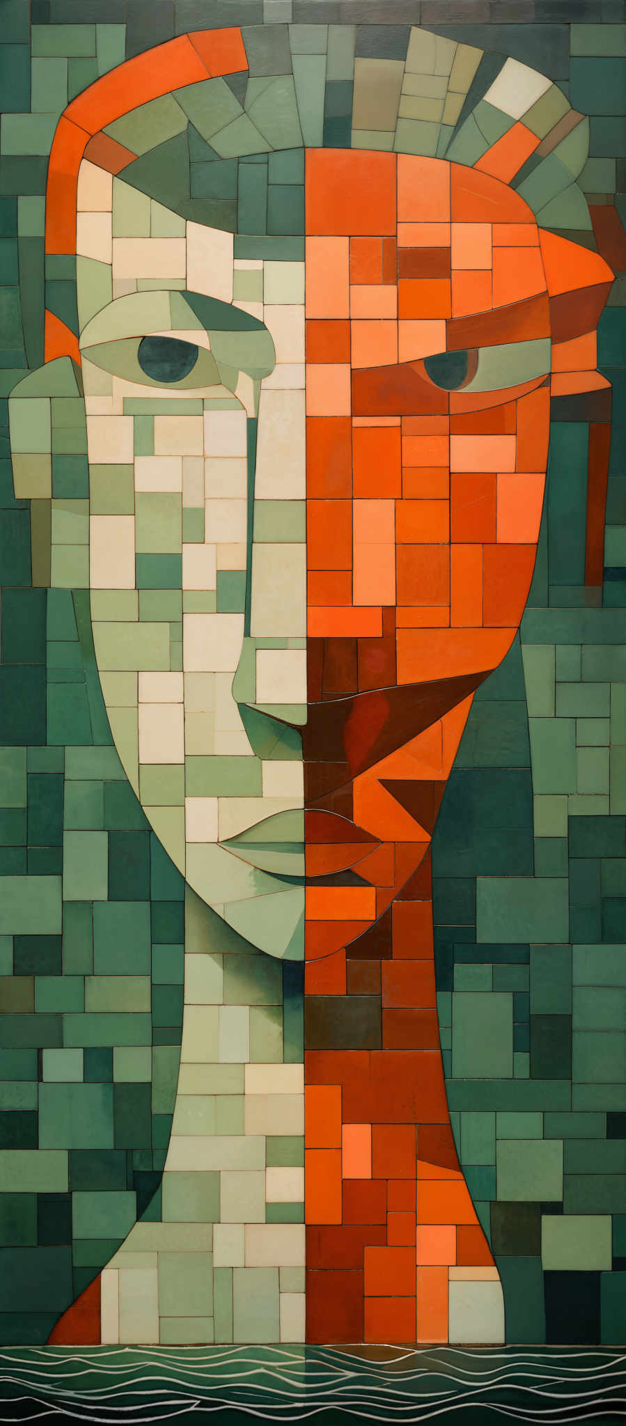 The image showcases an artistic representation of a face, divided into two contrasting halves. The left half is dominated by cooler shades of green and blue, while the right half is warmer with shades ranging from orange to red. The face is constructed from geometric rectangular and square blocks, giving it a mosaic-like appearance. The eyes are particularly striking, with one eye being a deep shade of blue and the other a fiery orange. The bottom of the image features a wavy, white pattern, possibly representing water or a horizon.