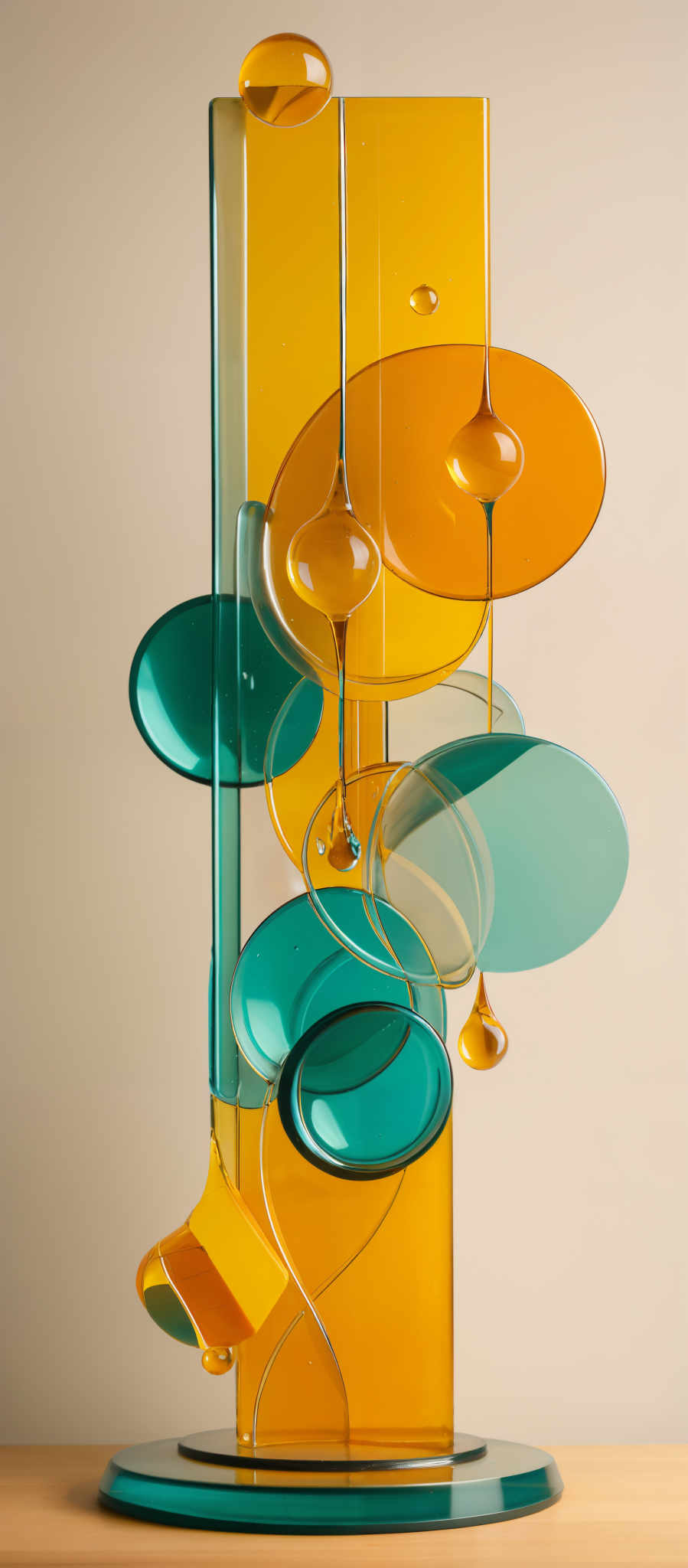 The image showcases a tall, vertical glass sculpture. The sculpture consists of various transparent and translucent glass shapes, including ovals, circles, and elongated tubes. The predominant colors in the sculpture are shades of yellow and green. The yellow shapes are larger and more prominent, while the green shapes are smaller and interspersed throughout. The glass pieces are intricately connected, creating a dynamic and balanced composition.