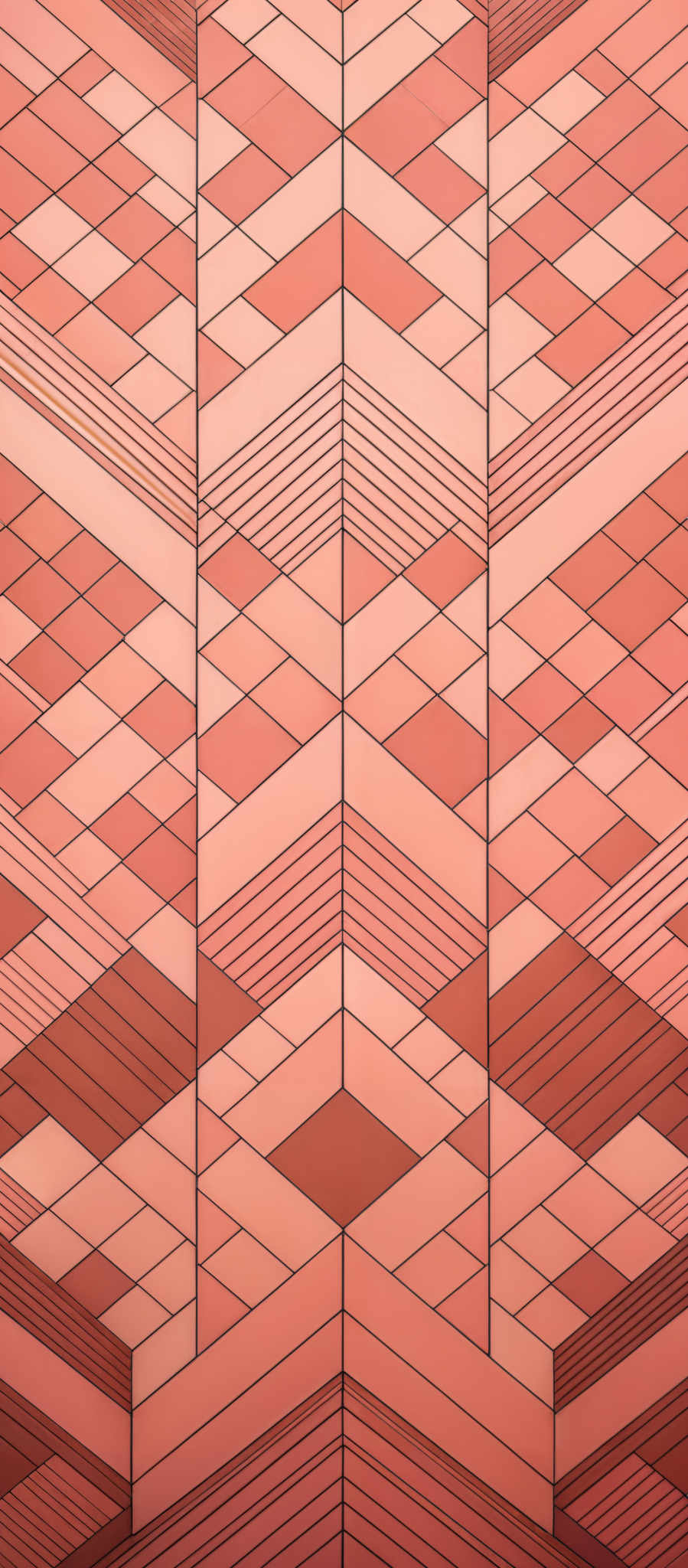 The image showcases a geometric pattern with a combination of rectangles and squares. The dominant colors are various shades of pink and peach. The pattern is symmetrical, with a central vertical axis dividing the image into two mirrored halves. The design incorporates both solid colors and gradient shades, creating a sense of depth and dimension. The shapes are intricately layered, with some rectangles overlapping others, and the gradient effect adds a dynamic touch to the overall composition.