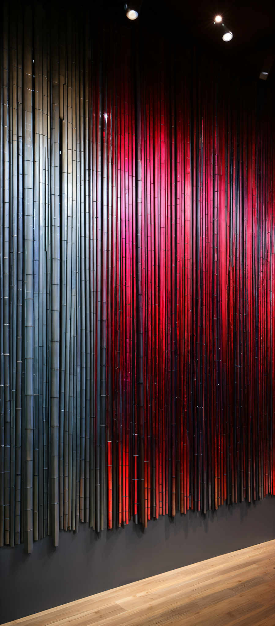 The image showcases a wall adorned with vertical bamboo or similar slender objects. These objects vary in color from a muted gray to a vibrant red. The bamBOo or slender items are uniformly spaced and appear to be attached to the wall. The floor below is made of wooden planks, and the ceiling has a few hanging lights.