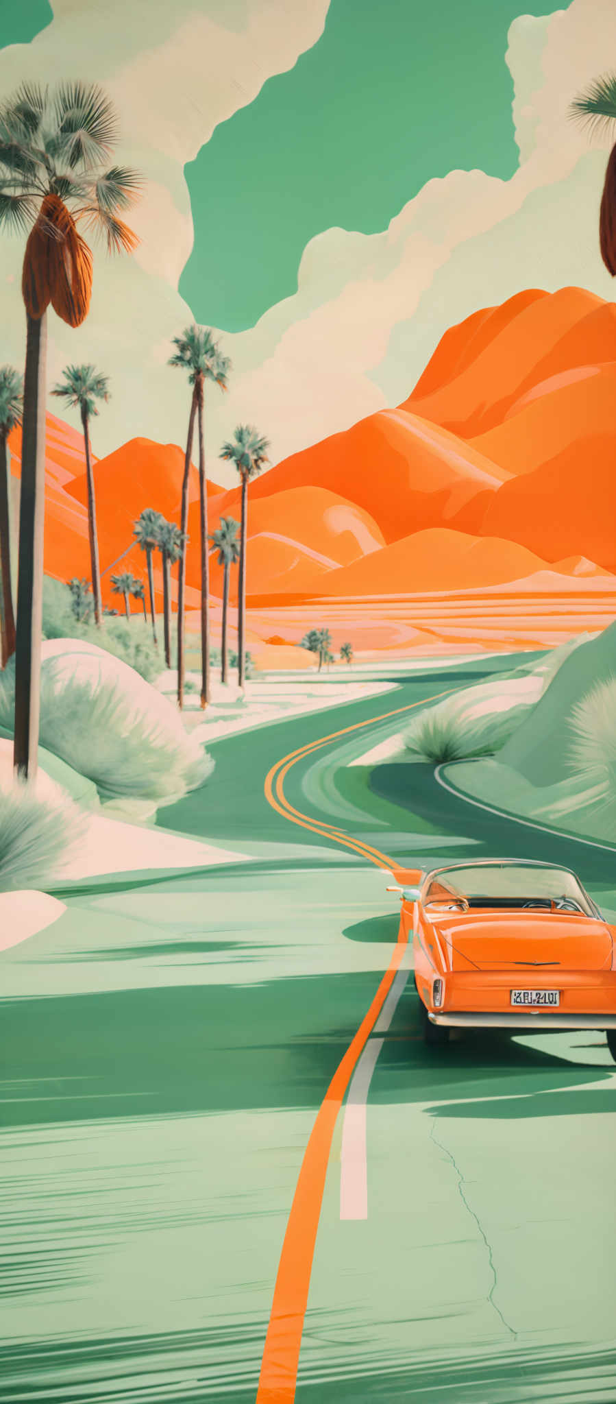 The image showcases a vibrant and colorful depiction of a sunny day in a desert landscape. Dominating the scene are tall palm trees with their distinctive fronds, set against a backdrop of rolling orange and red hills. The sky is painted in shades of light blue and white, with fluffy clouds adding depth. A winding road stretches through the scene, with a vintage orange car traveling on it. The car has a license plate reading '2EAT864'. The overall color palette is warm, with the predominant colors being shades oranges, reds, and greens.