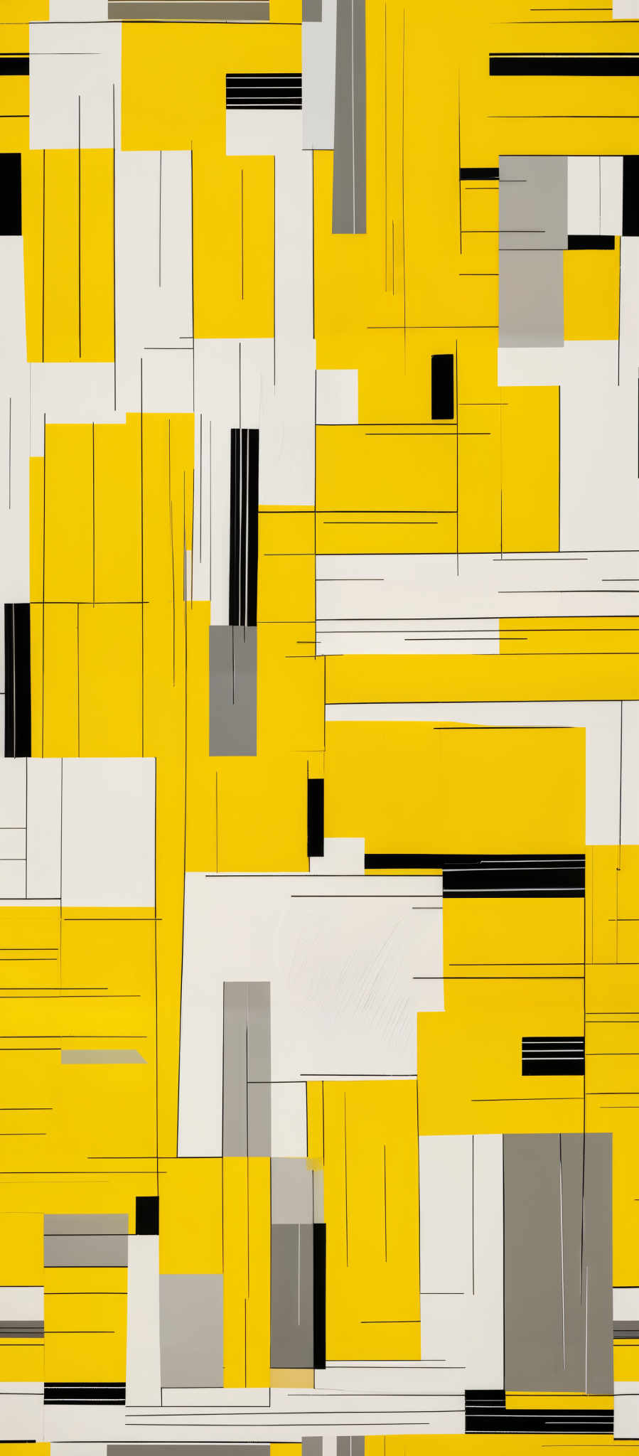 The image showcases an abstract composition with predominantly yellow and white rectangular blocks. These blocks are interspersed with black lines and rectangles, creating a sense of depth and structure. The arrangement is reminiscent of a cityscape or a grid, with the yellow blocks representing buildings or structures and the black lines possibly depicting roads or pathways.