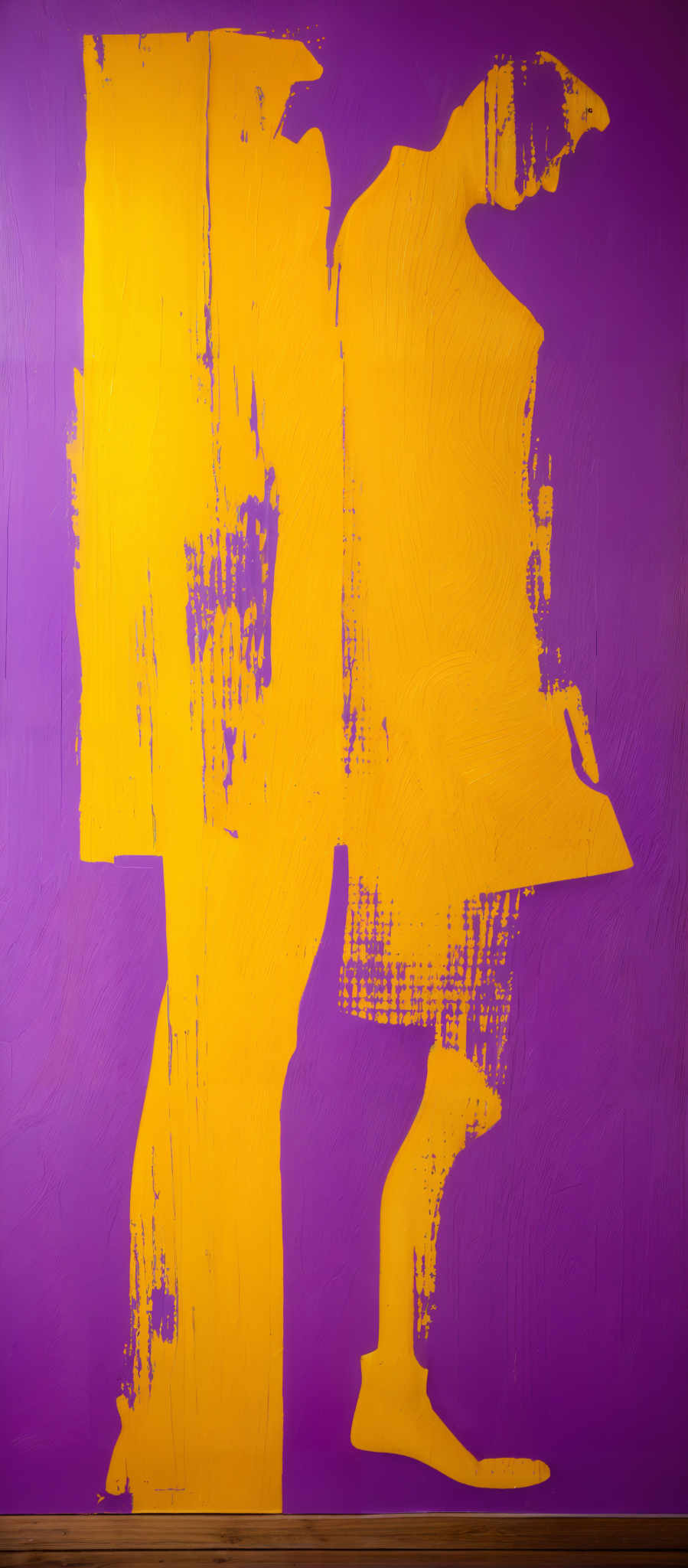 The image predominantly features two large, abstract shapes. The left shape is predominately yellow with some areas showing a rough texture, possibly resembling brush strokes or a canvas. The right shape is a pale purple with a similar rough texture. The background is a solid purple color. The image also contains a smaller, more defined figure, possibly a person, painted in a pale yellow color, positioned towards the bottom right corner.