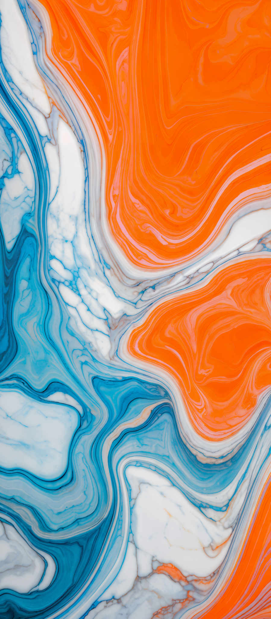 The image showcases a vibrant and intricate pattern of swirling colors. Dominant colors include shades of orange, blue, and white. The swirls are fluid and resemble the flow of water or the patterns seen in marble. The interplay of these colors creates a mesmerizing effect, with the orange and blue swirls contrasting against the white background.