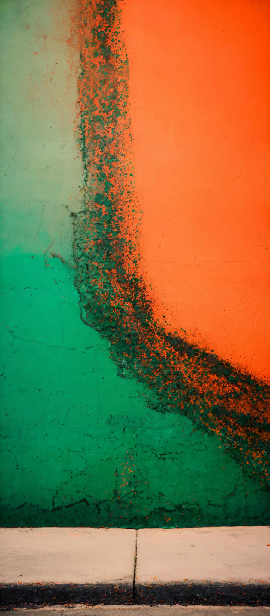 The image showcases a vibrant and textured wall with two dominant colors: a deep turquoise and a bright orange. The turquoisie color forms the upper half of the wall, while the orange color takes up the lower half. There's a striking contrast between the two colors, with the orange appearing as if it's spilling or dripping down the wall. The texture of the surface is rough, with visible cracks and imperfections. At the bottom of the image, there's what appears to be a concrete or stone floor with a slight reflection of the colors from the wall above.