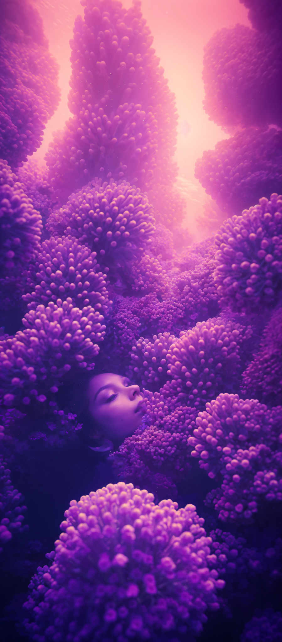 The image predominantly features shades of purple and pink. The central focus is a woman's face, partially submerged in what appears to be a sea of vibrant, cauliflower-like structures. These structures are densely packed and have a rounded, bulbous appearance. The woman' s face is serene, with her eyes closed and a slight smile. The overall ambiance of the image is dreamy and ethereal, with the light filtering through the structures creating a soft glow.