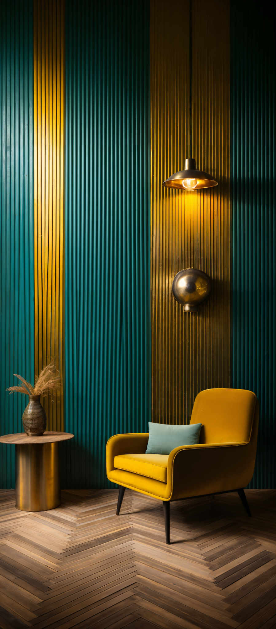 The image showcases a room with a distinctive design. The walls are adorned with vertical ridges in two contrasting colors: a deep teal and a golden-yellow. The teal wall has a metallic finish, while the golden- yellow wall appears to be made of a textured material. Above the teal section, there's a pendant light with a meticulous design, emitting a warm glow. To the right, there is a modern-looking chair in a mustard yellow color, complemented by a matching cushion. Beside the chair, there are two spherical wall decorations, one in gold and the other in a darker shade. On the floor, there appears to have a wooden pattern, creating a herringbone design. In the foreground, there’s a small round table with a unique, textured vase