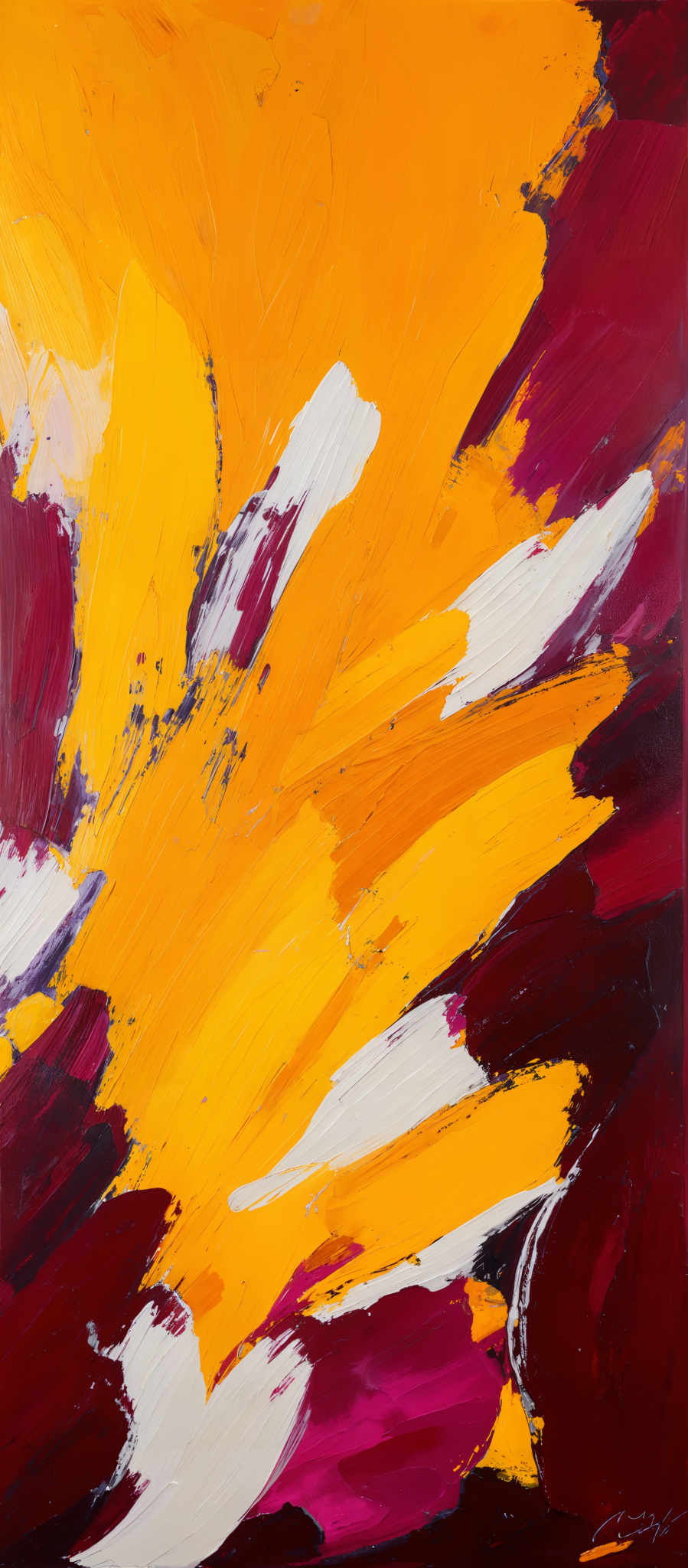 The image showcases an abstract painting with a vibrant palette of colors. Dominant colors include deep reds, bright yellows, and white. The painting features broad, sweeping brush strokes, creating a sense of movement and energy. The shapes are abstract, with no clear forms resembling objects from the real world. The strokes are thick, indicating the use of a palette knife or a heavy brush, and there are areas where the paint has been scraped off, revealing the canvas beneath.