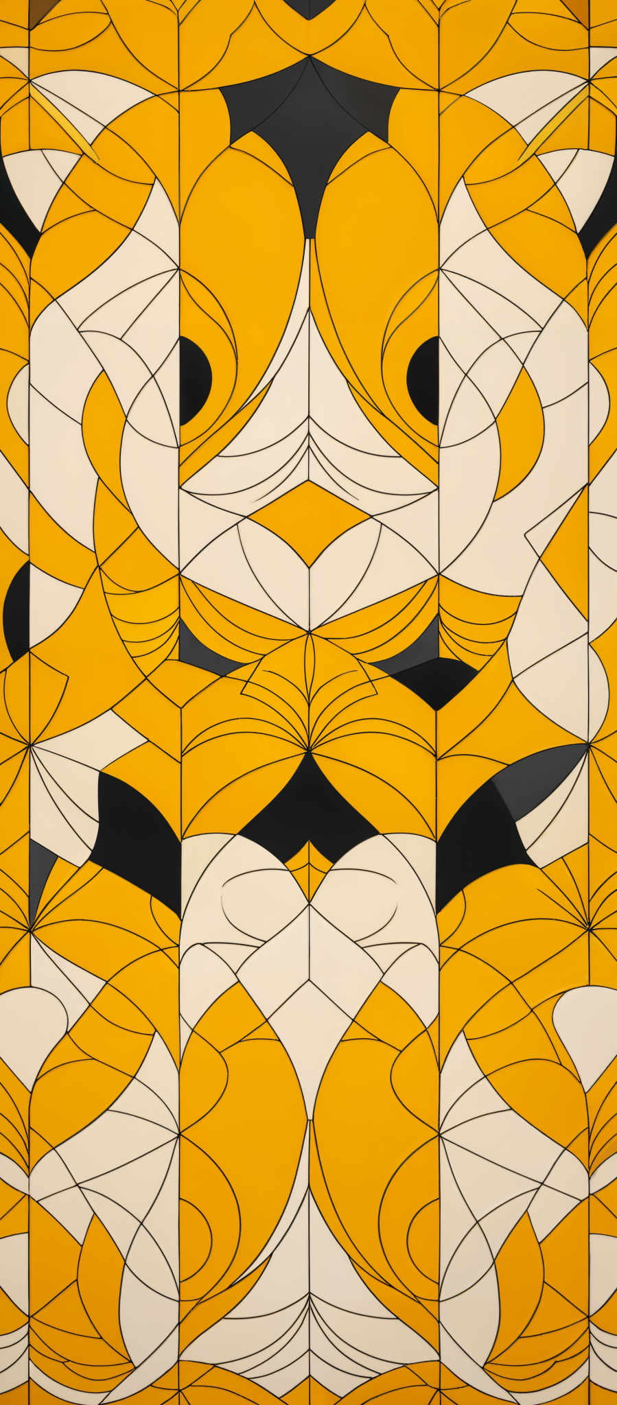 The image showcases a vibrant and intricate design. It predominantly features shades of yellow, white, and black. The design consists of interconnected shapes that resemble abstract representations of leaves or organic forms. These shapes are symmetrically arranged, creating a mirrored effect. The overlapping and intersecting lines give the design a dynamic and layered appearance.