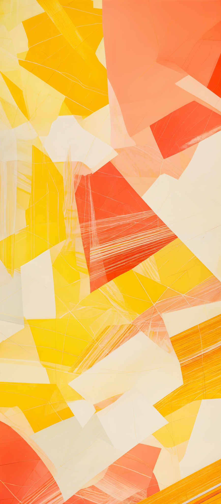 The image showcases an abstract artwork with a myriad of geometric shapes and overlapping patterns. The dominant colors are shades of yellow, orange, and red, interspersed with white and light beige. The shapes appear to be a combination of rectangles, triangles, and other polygons, some of which are partially transparent, giving the artwork a layered and dynamic feel.