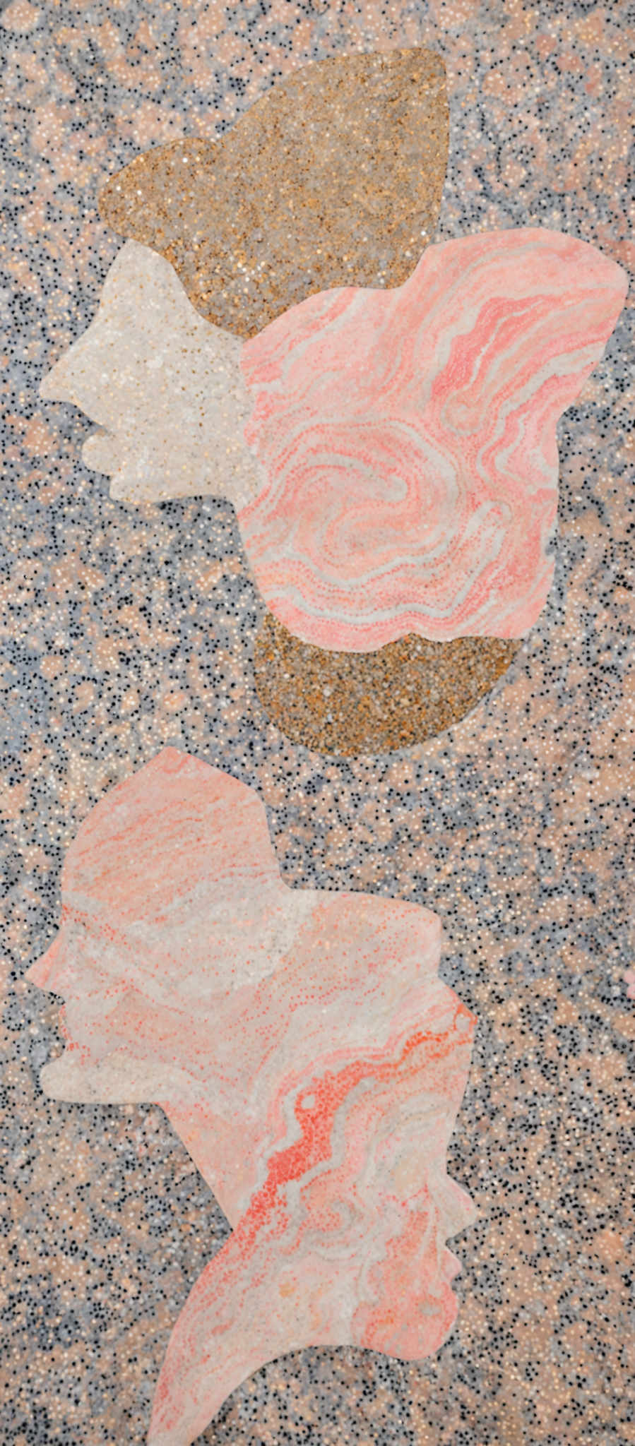 The image showcases a patterned background with a speckled appearance. Overlaying this background are three distinct shapes. The topmost shape is a larger, irregularly shaped figure with a mix of pink and white swirls, resembling a marbled or agate pattern. The middle shape is smaller and has a more defined, wavy pattern in shades of pinks and whites. The bottom shape is also pinkish with a swirled pattern, but it's more compact and closely resembles a leaf or a petal.