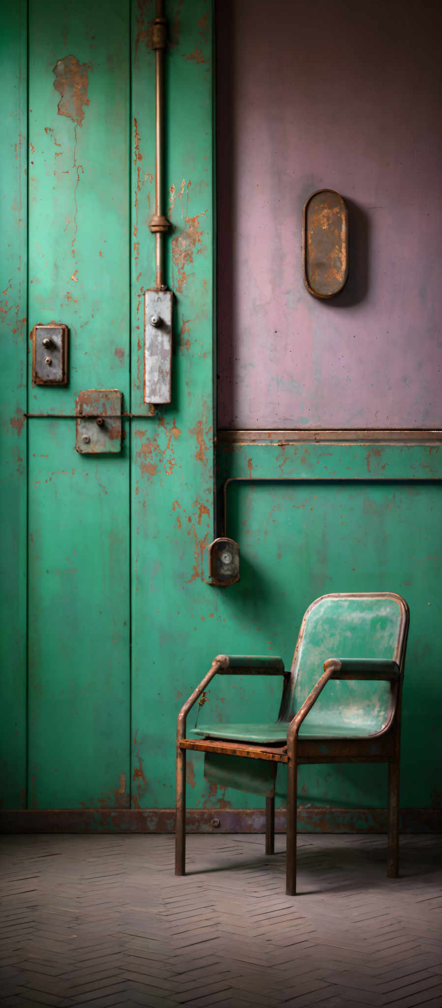 The image showcases a room with a dominant turquoise wall that has signs of wear and tear, revealing patches of the underlying surface. There are multiple objects on this wall, including a vertical pipe, a rectangular object with a handle, and a couple of smaller rectangular items. To the right of the wall, there's a pinkish wall with a rectangular object hanging from it. The floor is made of gray tiles arranged in a herringbone pattern. In the foreground, there is a vintage-looking green chair with a rusted frame and seat.