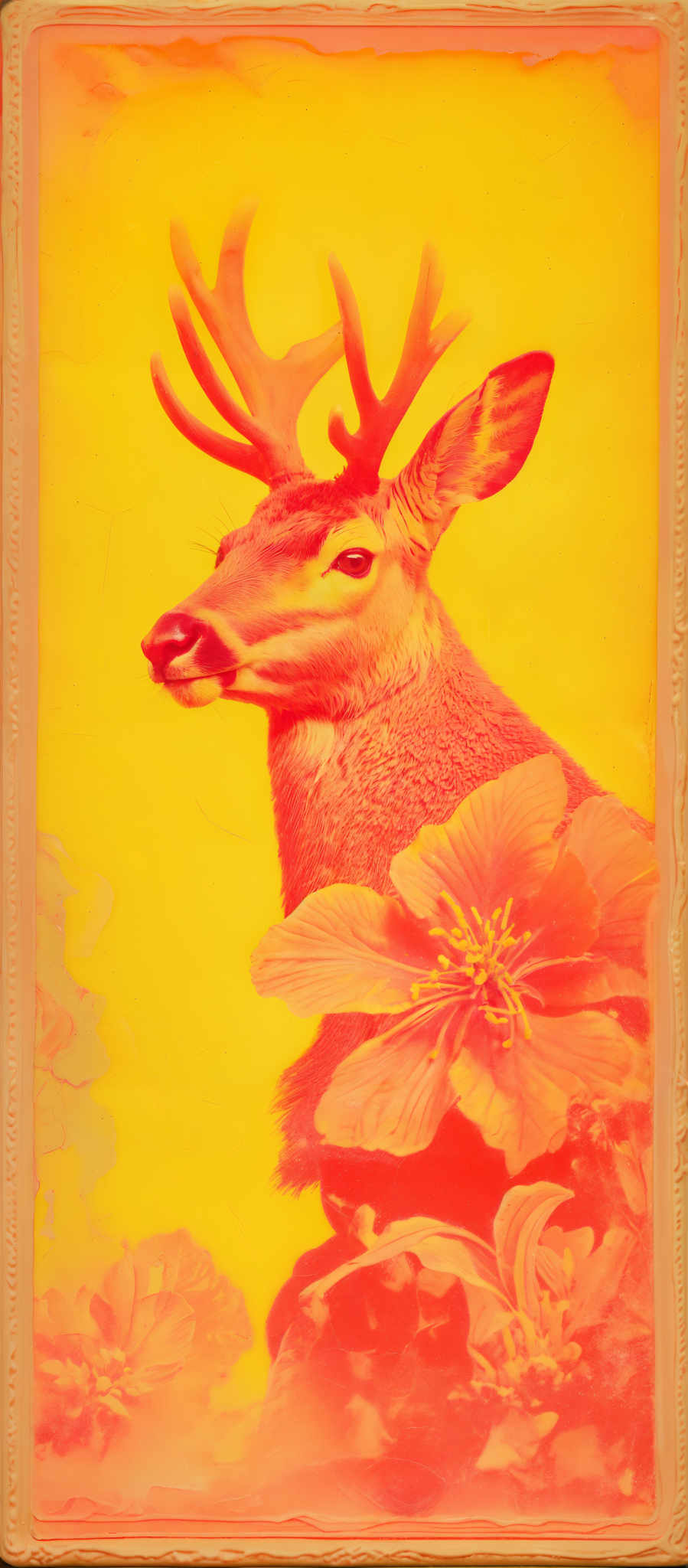 The image showcases a deer with large, branching antlers set against a vibrant yellow background. The deer's fur appears to be a mix of brown and gray, and its eyes are dark. In the foreground, there are large, vivid red flowers with intricate details, including yellow centers. The entire image has an ethereal, almost dreamlike quality, accentuated by the ornate frame surrounding it.