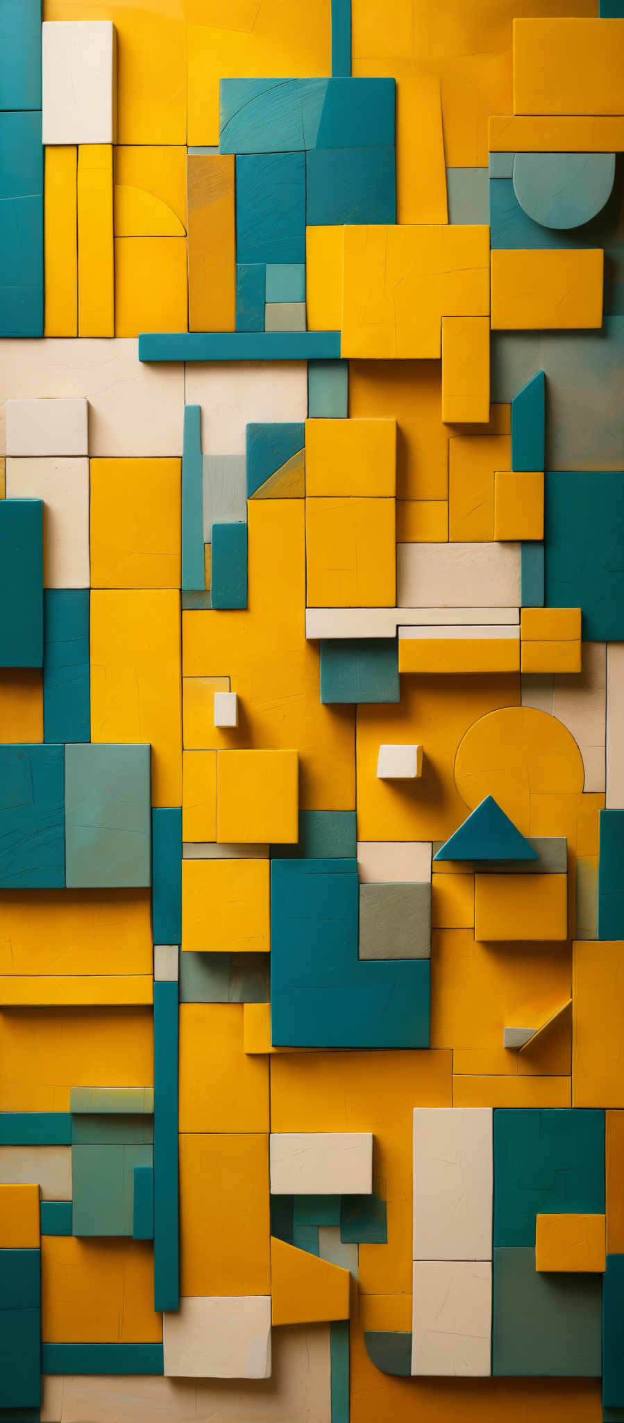 The image showcases an abstract arrangement of rectangular and square blocks in various shades of yellow, teal, and white. The blocks are of different sizes and are juxtaposed in a way that creates a visually intriguing pattern. Some blocks have a matte finish while others have a glossy one, and there are also some blocks with a textured or scratched appearance.