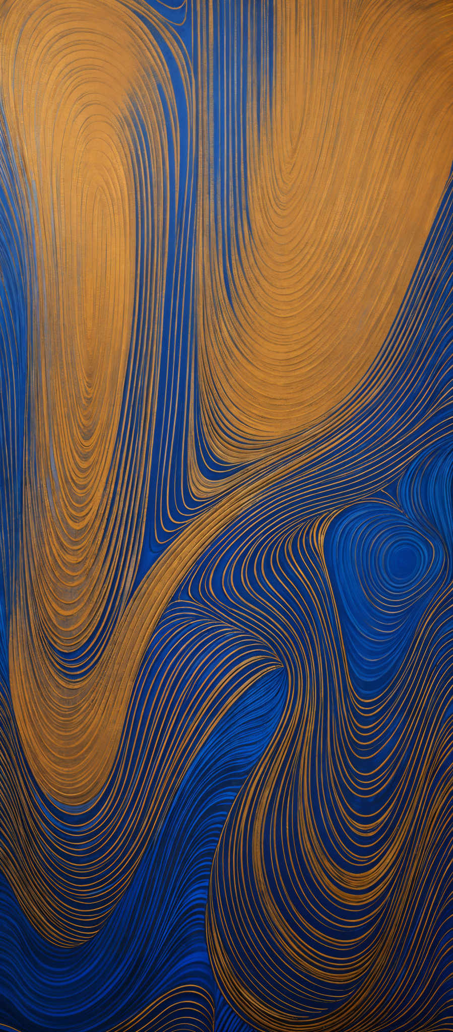 The image showcases a vibrant and intricate pattern of swirling lines. The dominant colors are shades of blue and gold. The blue forms the background, while the gold lines create a mesmerizing pattern of curves and loops, almost resembling topographical lines or fluid movements. The swirls are varied in size and density, creating a sense of depth and movement.