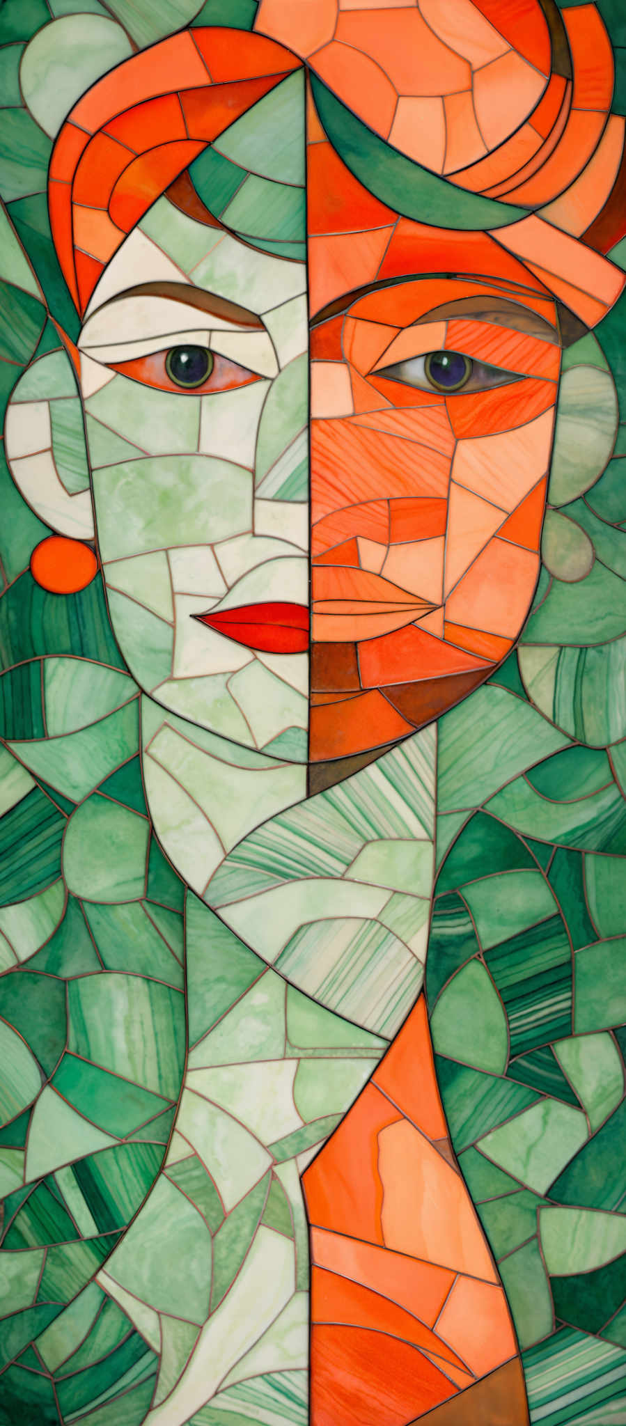 The image showcases a fragmented, geometric representation of a face. The face is divided into multiple sections, each with a unique color and pattern. The dominant colors are shades of green, orange, and white. The shapes are angular and reminiscent of cubes and rectangles, interlocking to form the facial features. The eyes are particularly detailed, with one having a blue iris and the other a brown one. The lips are painted in a bold red shade. The background consists of a mosaic of green shapes, which complements the face's color palette.