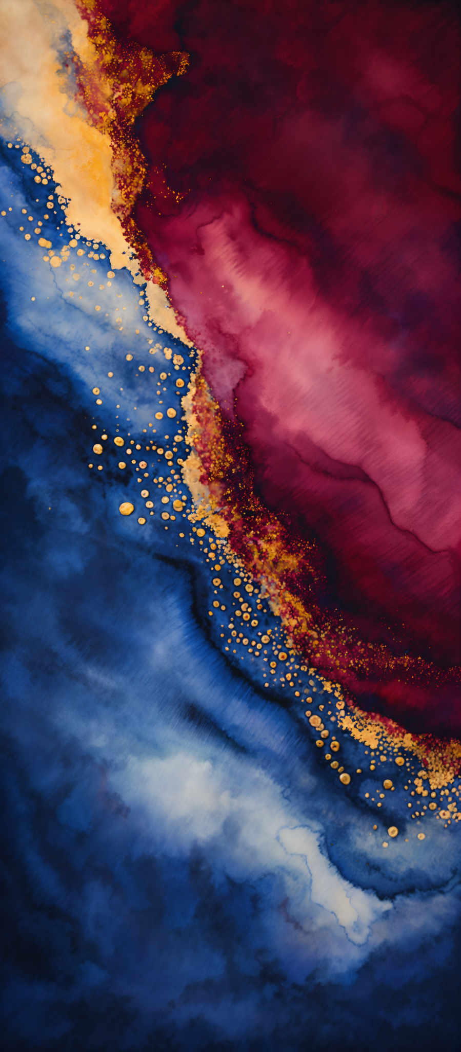 The image showcases a vibrant and abstract design. It predominantly features deep shades of blue, transitioning into a rich burgundy or maroon hue. There's a striking contrast created by a golden-yellow streak that runs diagonally across the image, interspersed with scattered golden circles. The fluidity of the colors suggests a possible watercolor or ink wash technique, with the blue and gold forming waves and the maroon forming a cloud-like formation.