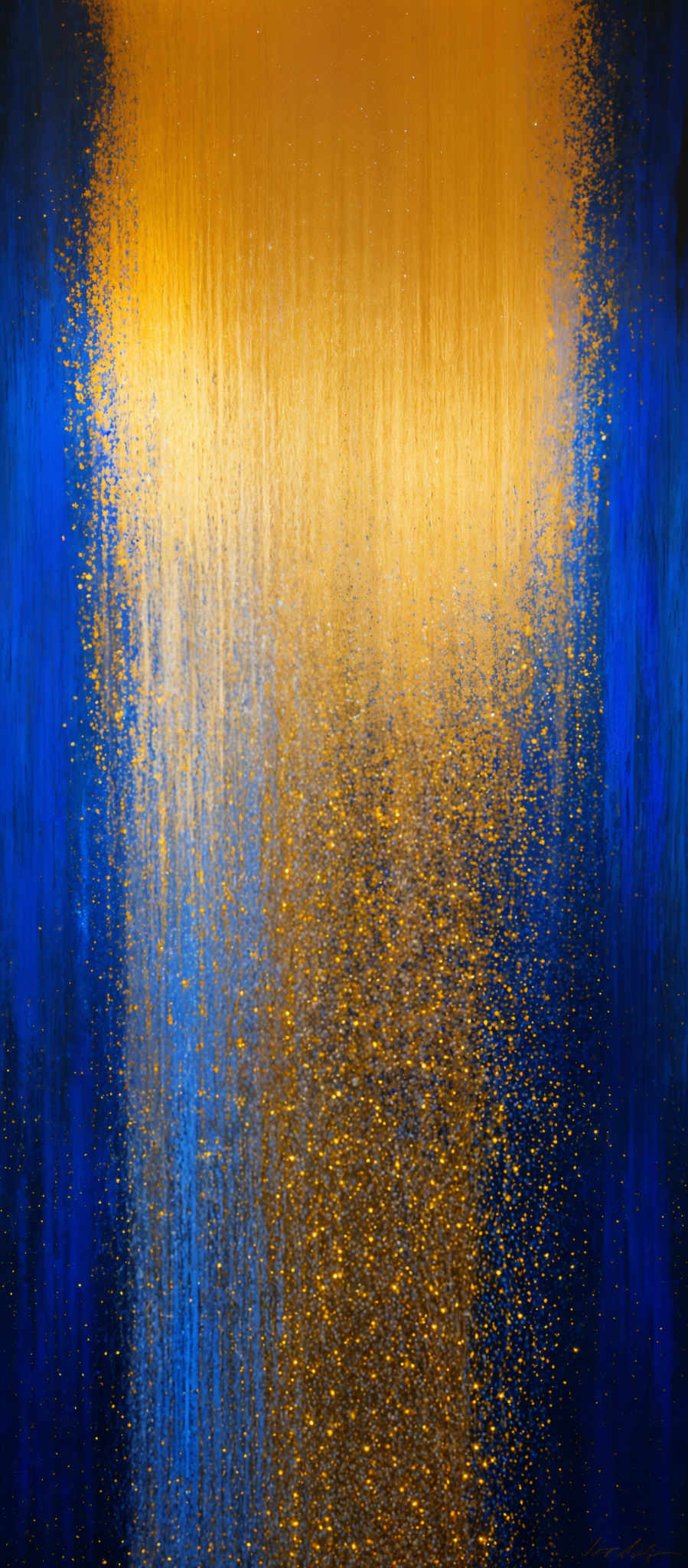 The image showcases a vibrant and captivating artwork. It predominantly features a gradient of deep blue at the top transitioning into a radiant golden-yellow hue in the center. This golden- yellow area is further accentuated with a cascade of small, shimmering specks that resemble falling rain or perhaps a representation of stars. The overall effect is reminiscent of a sunset or a celestial event, with the deep blue representing the night sky and the golden-yellow signifying the sun or a bright light source.