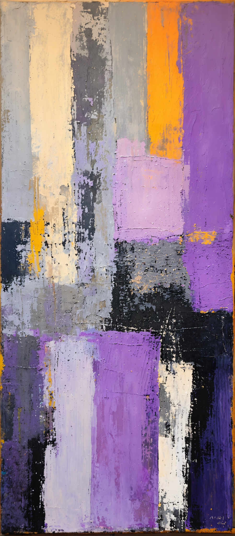 The image showcases an abstract painting with a combination of vibrant colors. The dominant colors include shades of purple, orange, white, and gray. The painting features rectangular and square shapes, with some areas having a rough texture, possibly created using a palette knife. The interplay of colors and shapes gives the artwork a dynamic and layered appearance.