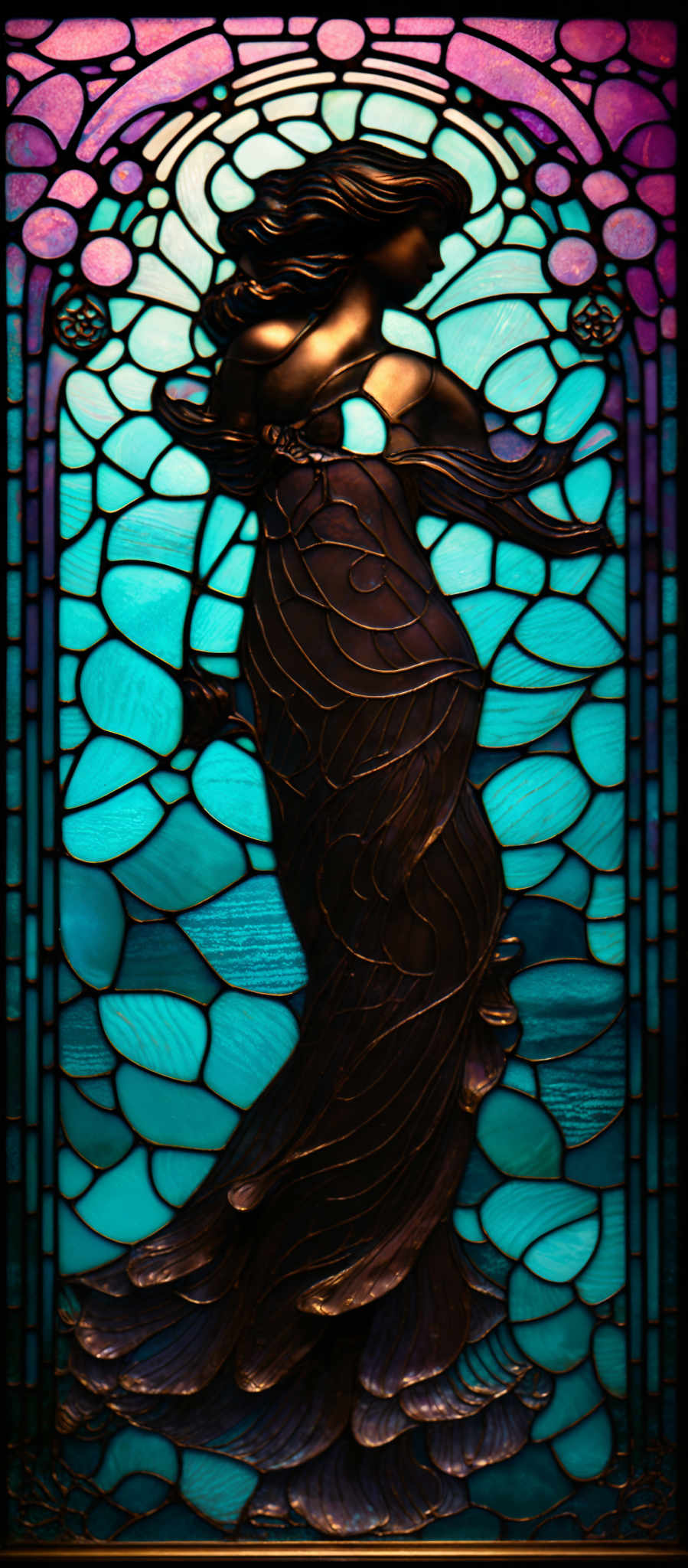 The image showcases a stained glass artwork. It features a central figure, possibly a woman, with flowing hair and a draped dress. The figure is surrounded by intricate patterns and designs, predominantly in shades of blue, turquoise, and pink. The background consists of an arched design with circular motifs. The overall style is reminiscent of Art Nouveau, characterized by its organic and flowing forms.