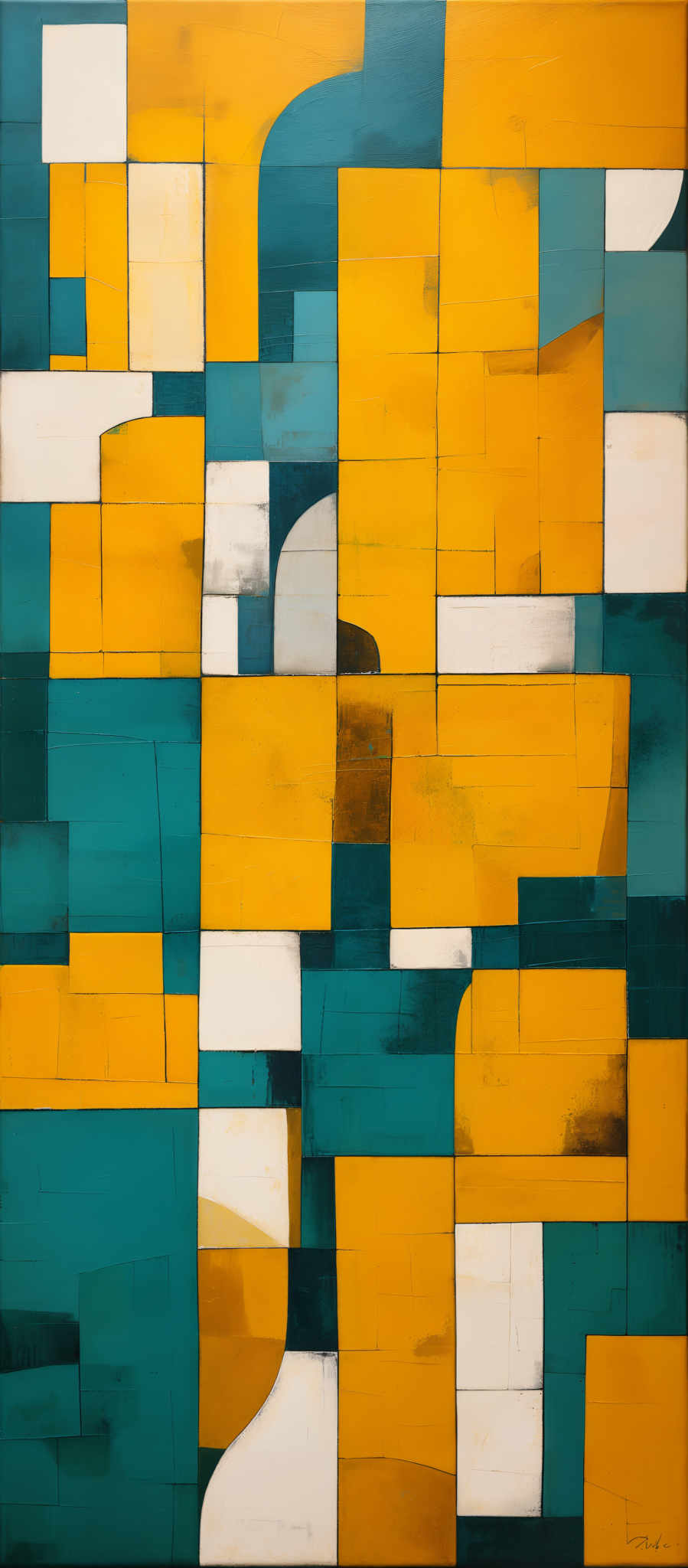 The image showcases an abstract painting with a predominant use of geometric shapes. The primary colors are shades of yellow, green, and white. The painting consists of rectangular and square blocks, some of which overlap each other. The yellow blocks are larger and occupy a significant portion of the canvas, while the green blocks are smaller and interspersed among the yellow ones. The white blocks are scattered throughout, providing contrast and balance to the composition. The overall feel of the painting is dynamic and modern, with a play of light and shadow.