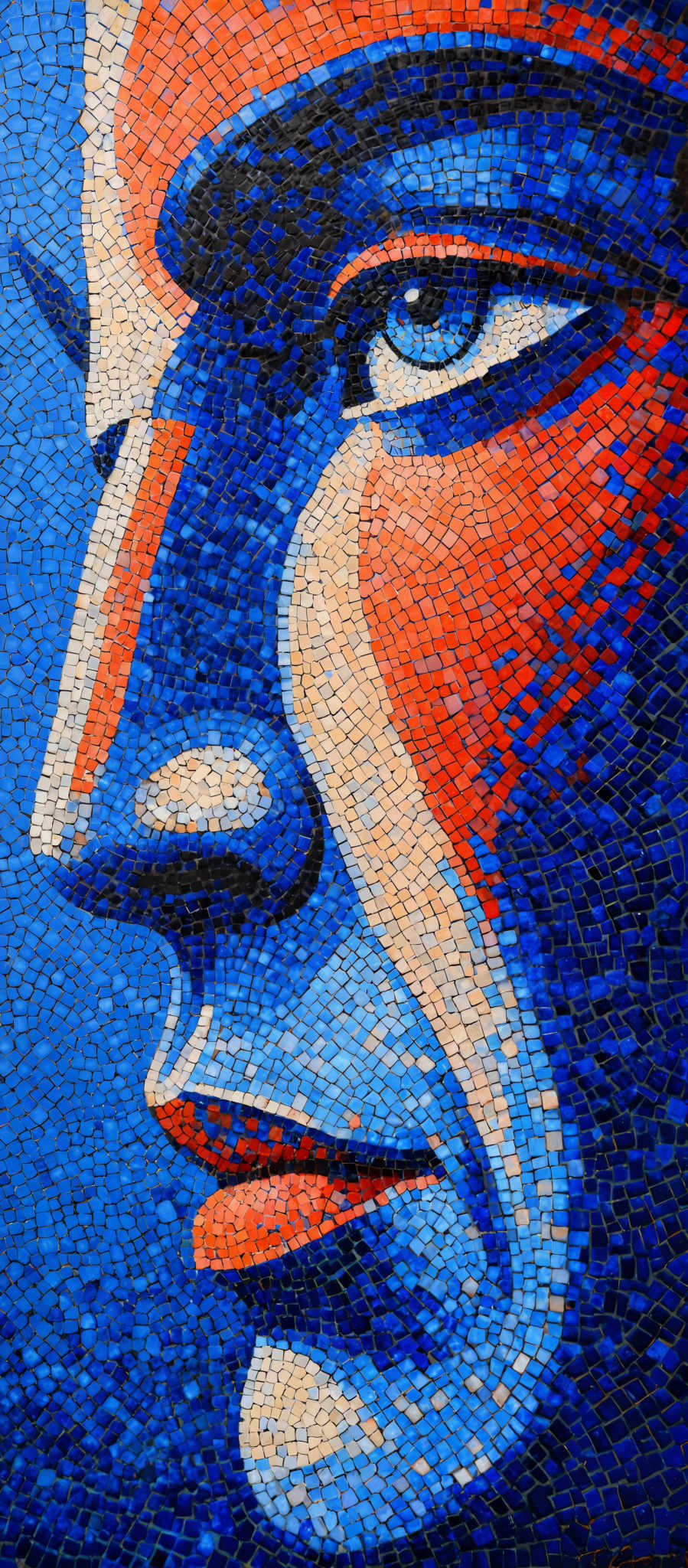 The image showcases a detailed mosaic of a face. The predominant colors are shades of blue, orange, and white. The face is depicted in a side profile, with the eye being the most prominent feature. The mosaics are arranged in a way that forms the contours of the face, such as the nose, lips, and eye. The intricate design and arrangement of the mosaes give depth and dimension to the face.