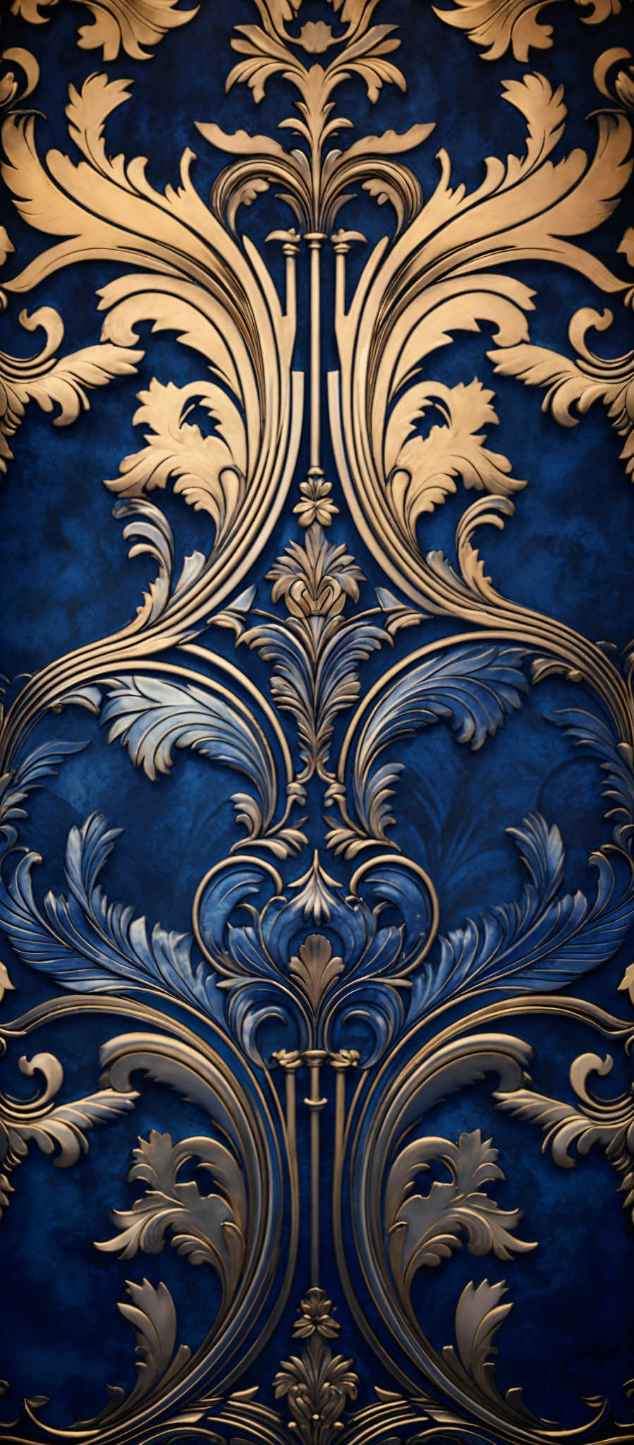 The image showcases a richly designed pattern with a deep blue background. The primary color is gold, which is used to create intricate and ornate designs resembling floral motifs. These designs are symmetrical and appear to be inspired by baroque or rococo styles. The gold designs are set against a contrasting deep blue backdrop, which adds depth and richness to the overall appearance.