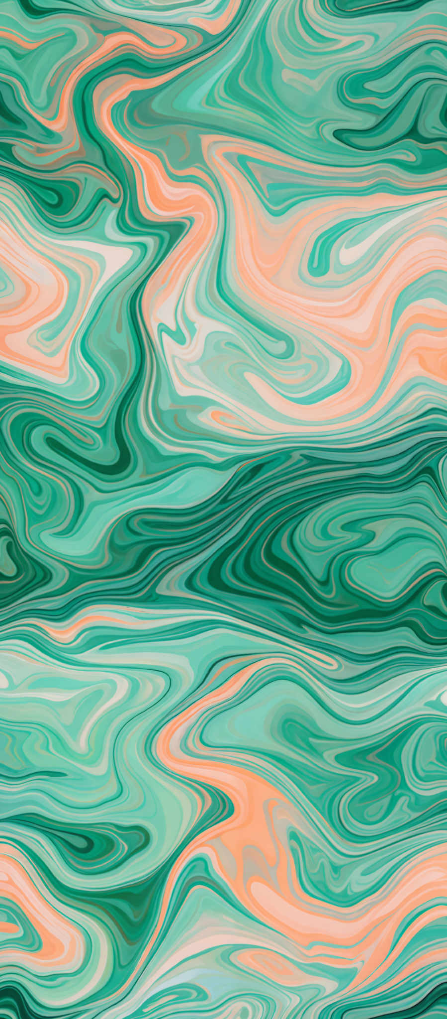 The image showcases a vibrant and intricate pattern of swirling colors. The predominant colors are shades of green, peach, and white. The swirls are fluid and wavy, resembling the flow of water or the texture of marble. The interplay of these colors creates a mesmerizing effect, giving the image a dynamic and abstract appearance.