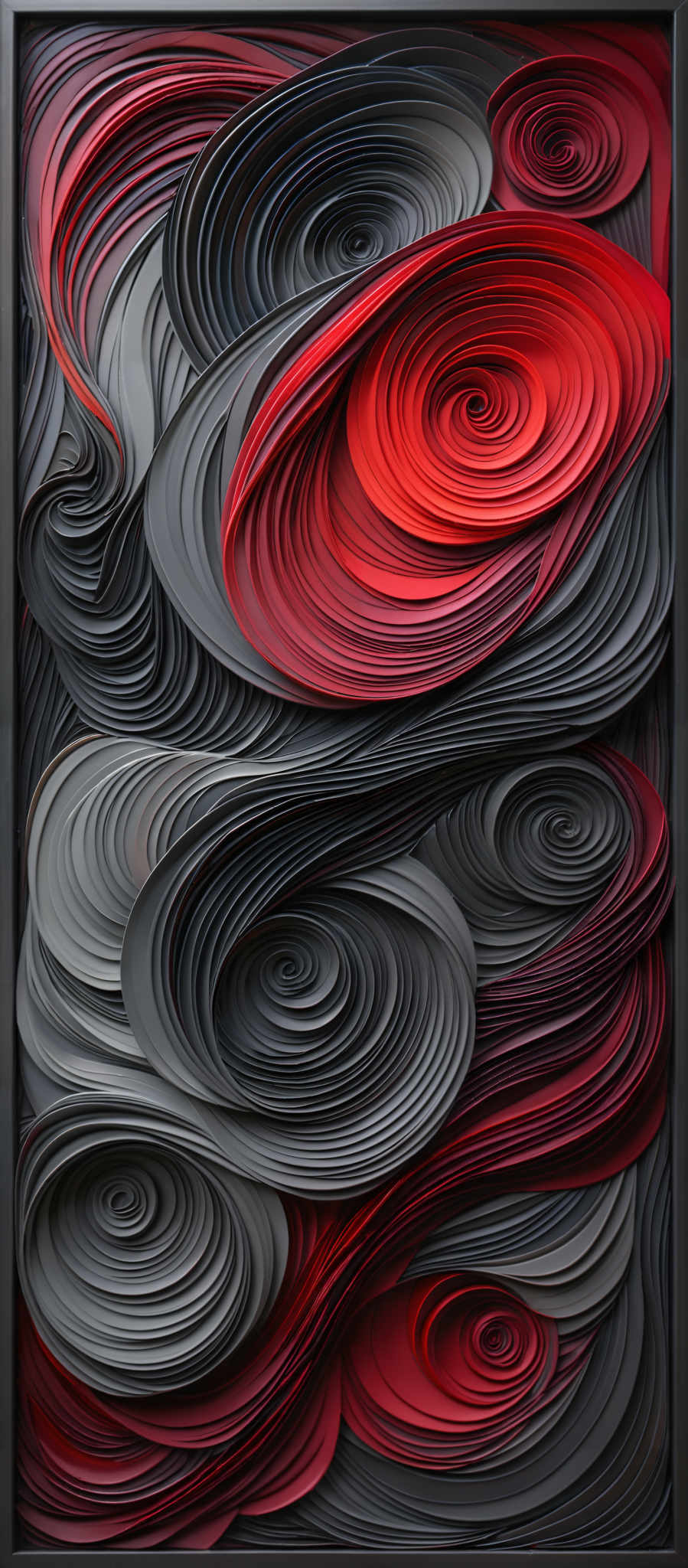 The image showcases a beautifully crafted artwork with intricate swirls and patterns. The dominant colors are shades of red, gray, and black. The swirls are layered and intertwined, creating a mesmerizing visual effect. The artwork is framed and appears to be made of paper or a similar material, giving it a three-dimensional appearance.