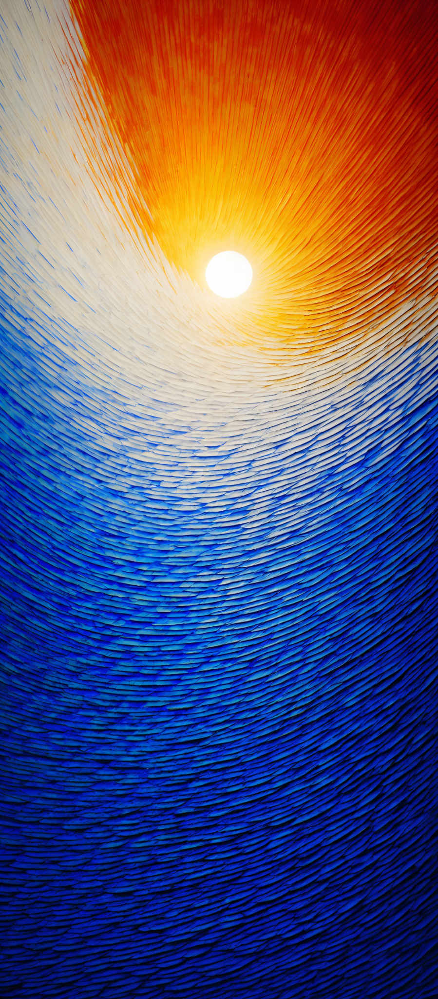 The image showcases a vibrant and dynamic composition. It predominantly features two contrasting colors: a deep blue at the top and a fiery orange at the bottom. The blue is represented by a series of curved lines that radiate outward, giving a sense of depth and movement. The orange, on the other hand, is depicted as a bright, luminous circle, emanating a warm glow. The interplay between these two colors creates a visually captivating effect, reminiscent of a sunset or a celestial event.