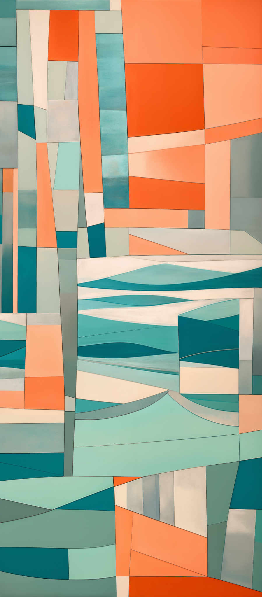 The image showcases an abstract artwork with a variety of geometric shapes and overlapping rectangles. The dominant colors are shades of blue, orange, and white. The shapes are fragmented and appear to be interlocking, creating a sense of depth and movement. The artwork seems to be divided into sections, each with its unique color palette and design.