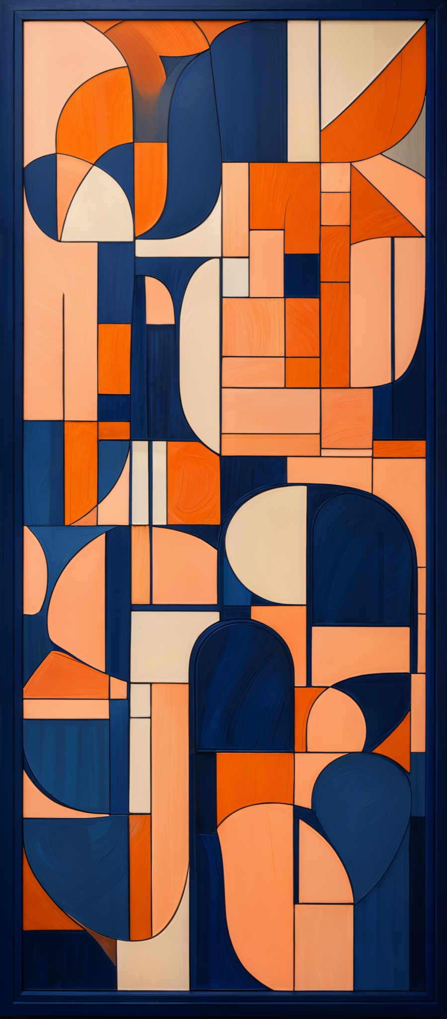 The image showcases an abstract artwork with a combination of geometric shapes and colors. The dominant colors are shades of blue, orange, and white. The shapes include rectangles, squares, and semi-circles, interconnected in a complex pattern. The artwork is framed and appears to be a painting on canvas.