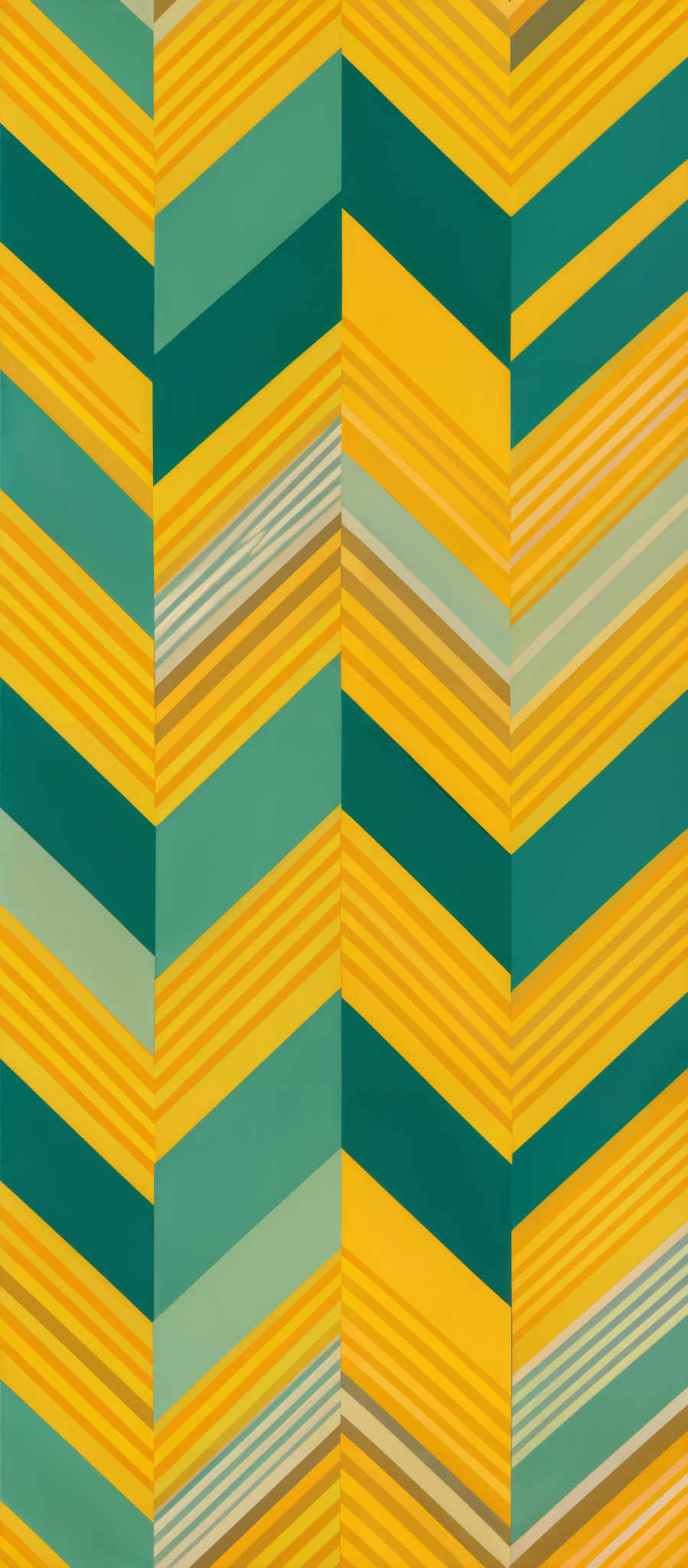 The image showcases a vibrant geometric pattern. It consists of alternating bands of colors, predominantly yellow and green, arranged in a zigzag or chevron pattern. The bands are layered on top of each other, creating a sense of depth and movement. The design is symmetrical, with each half mirroring the other, and the colors transition smoothly from one band to the next.