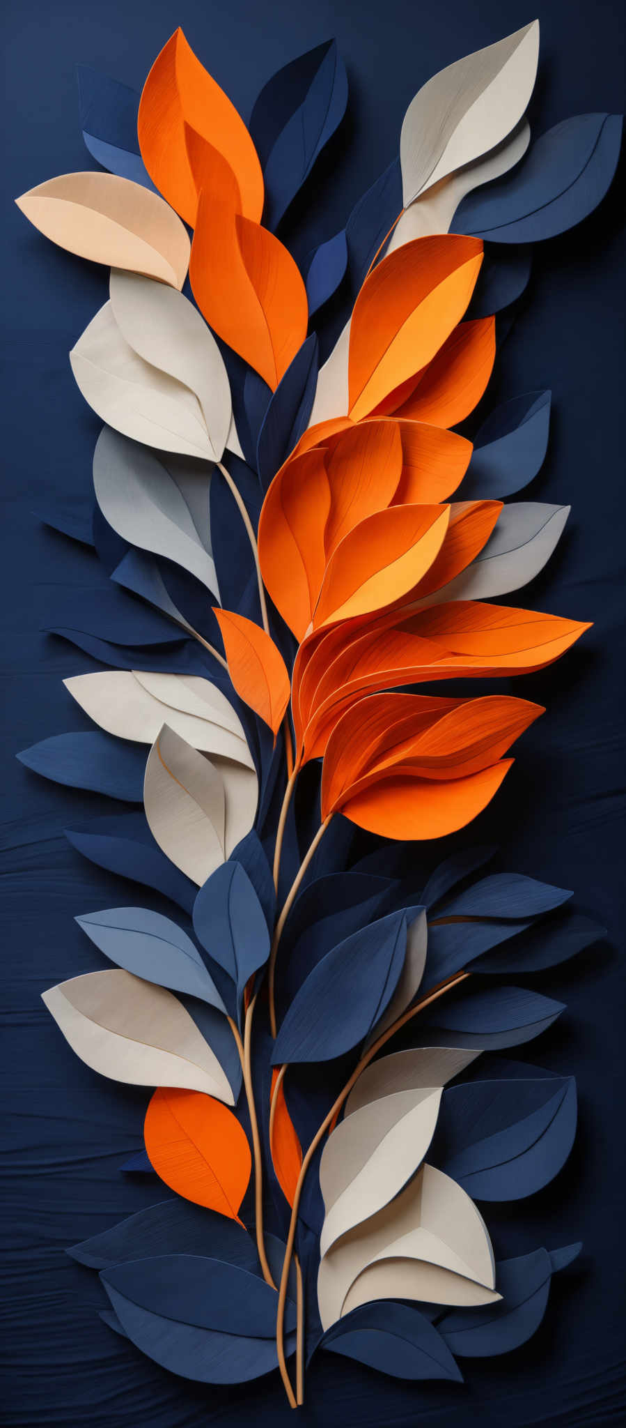 The image showcases an artistic representation of leaves. The leaves are intricately designed with a variety of colors including shades of blue, orange, and white. The shapes of the leaves are elongated and somewhat ovate, with some having serrated edges. The background is a deep blue, which contrasts beautifully with the vibrant colors of the foliage, making the leaves stand out prominently.