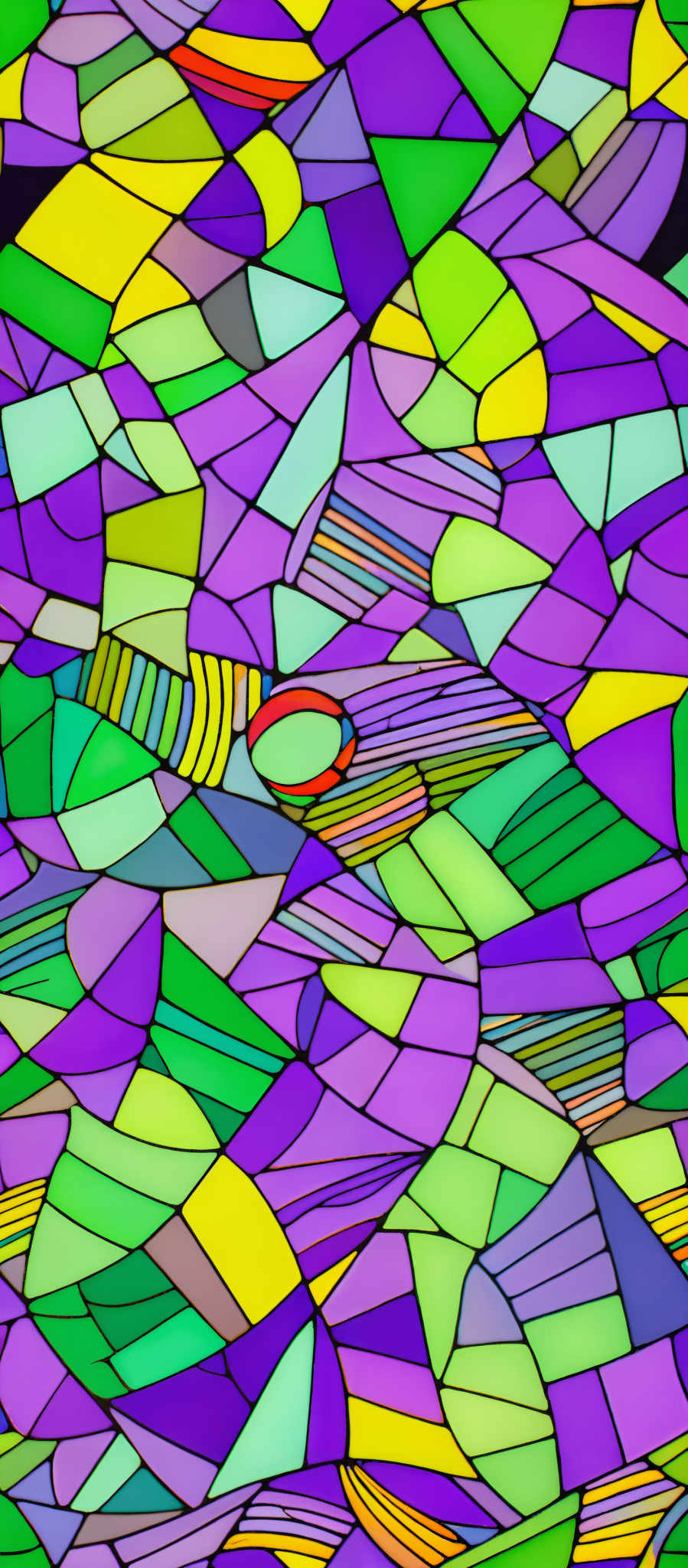 The image showcases an abstract artwork with a myriad of vibrant colors. The predominant colors include shades of purple, green, yellow, and blue. The shapes are fragmented and resemble broken pieces of glass or a mosaic, with various geometric patterns and curves. The artwork seems to be a representation of interconnectedness, with each shape and color contributing to the overall harmony and complexity of the piece.