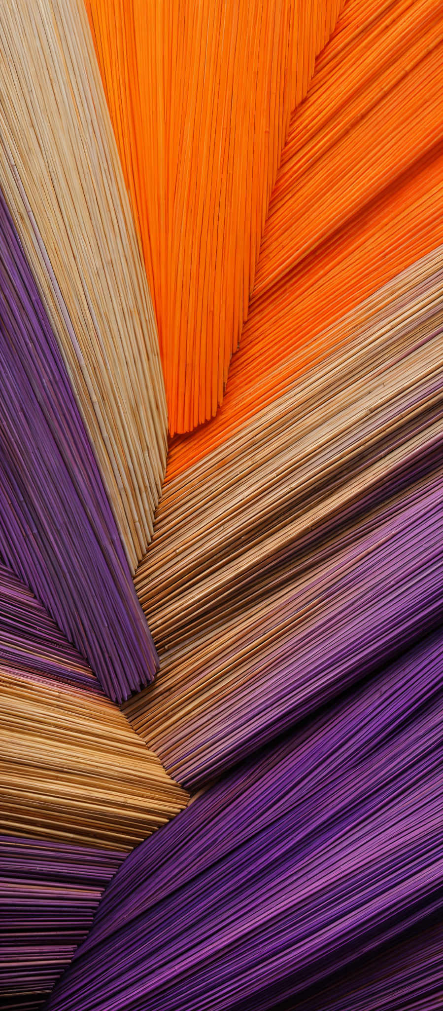 The image showcases a vibrant and colorful arrangement of what appears to be strands or threads. These strands come in a variety of colors including shades of orange, purple, beige, and a hint of yellow. The arrangement is layered and overlapping, creating a dynamic and textured visual effect. The shape is reminiscent of a woven or knitted fabric, with the colors flowing and intertwining in a harmonious manner.