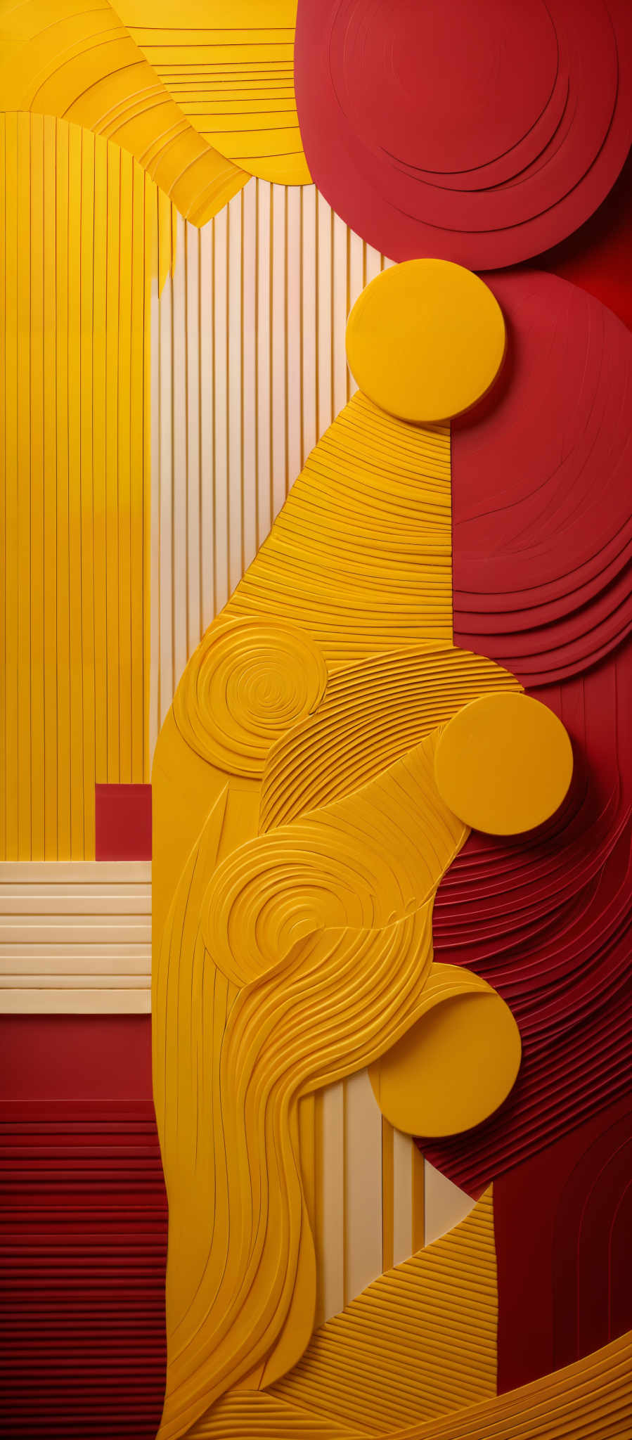 The image showcases an abstract representation with a combination of geometric and organic shapes. Dominant colors include shades of yellow, red, and white. The shapes are layered and intertwined, creating a three-dimensional effect. There are circular patterns, wavy lines, and rectangular sections. The overall composition gives a sense of depth and movement, as if the shapes are in motion or interconnected in some way.