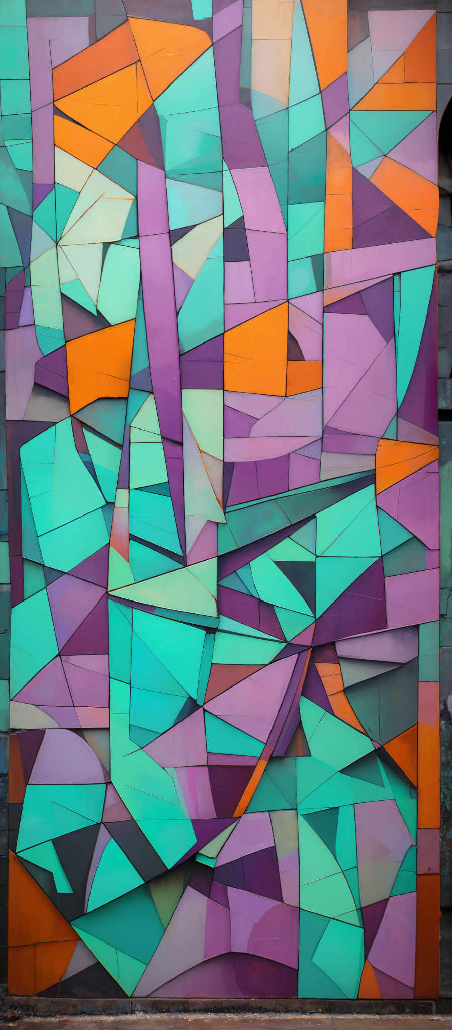 The image showcases a vibrant and colorful mural or artwork. It consists of various geometric shapes, predominantly triangles, interconnected in a fragmented manner. The colors used are a mix of teal, purple, orange, and a few shades in between. The artwork gives an impression of a dynamic and abstract representation, possibly inspired by cubism or fragmented geometry.