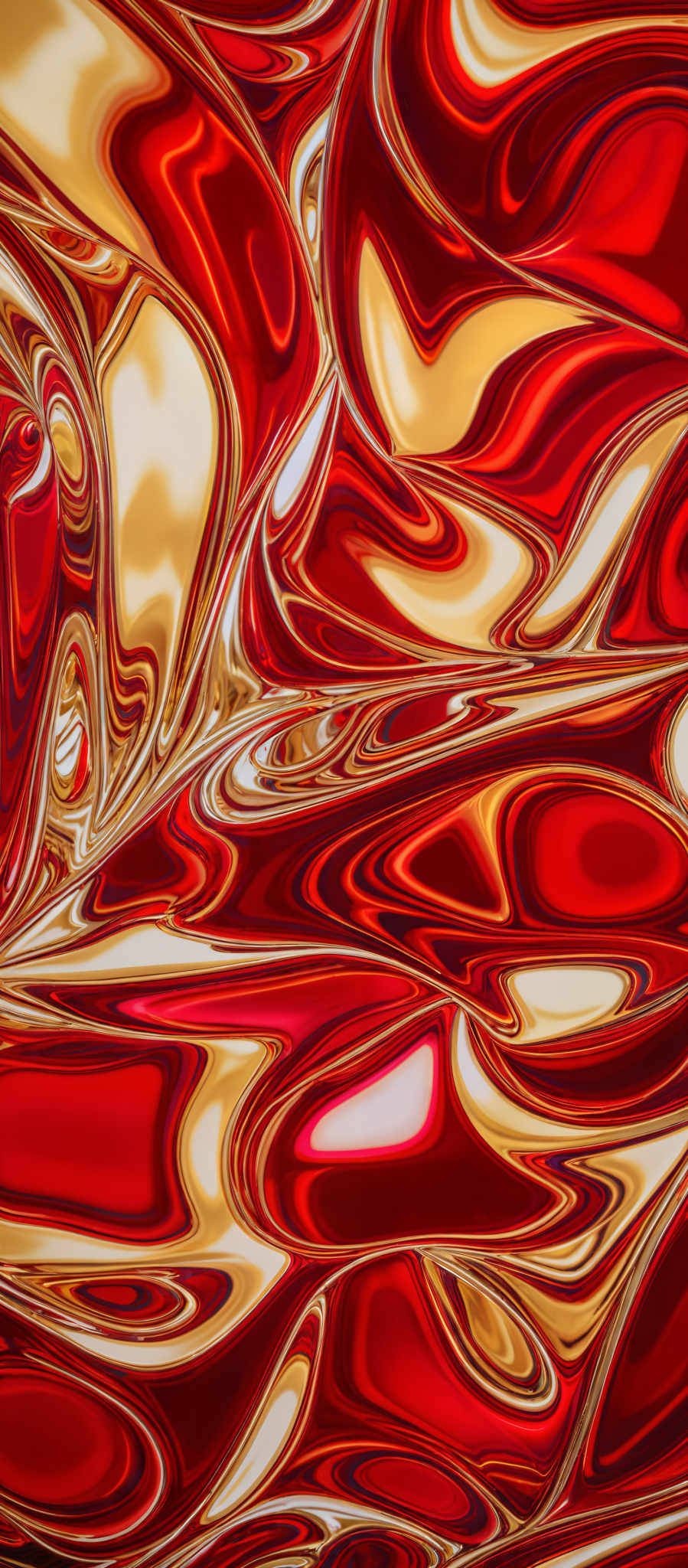 The image showcases a vibrant and intricate pattern of swirling colors. The dominant colors are red, gold, and white. The shapes are fluid and wavy, resembling molten lava or flowing liquid. The patterns create an illusion of movement and depth, giving the image a dynamic and captivating appearance.