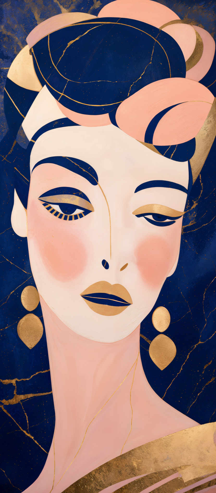 The image showcases a stylized portrait of a woman. The dominant colors are shades of blue, gold, and peach. The woman's face is depicted with bold, geometric shapes, with her eyes and lips accentuated with gold. Her hair is styled with a mix of curves and straight lines, and it's adorned with gold accents. The background has a deep blue hue with gold marbling patterns.