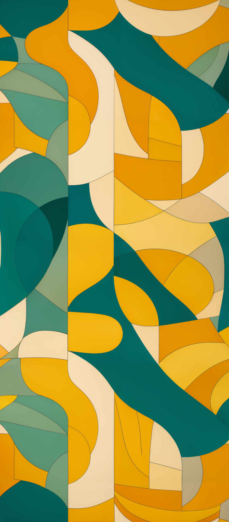 The image showcases an abstract artwork with a predominant use of vibrant colors. The primary colors include shades of yellow, green, and white. The shapes are curvy and intertwined, creating a dynamic and flowing pattern. The interplay of these shapes gives the artwork a sense of movement and rhythm.