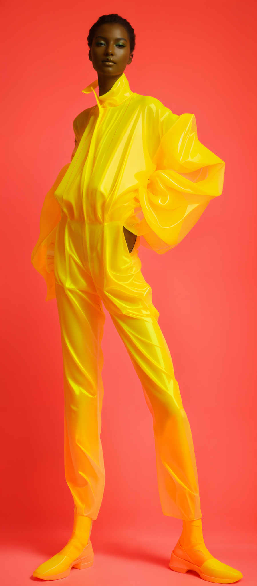 The image showcases a person against a vibrant red background. The individual is wearing a bright yellow outfit that appears to be made of a shiny, possibly plastic or latex material. The outfit consists of a jacket with exaggerated, puffy sleeves and matching pants. The person's shoes are also yellow, with a unique design that seems to be inspired by modern art or sculpture. The overall look is bold and avant-garde.