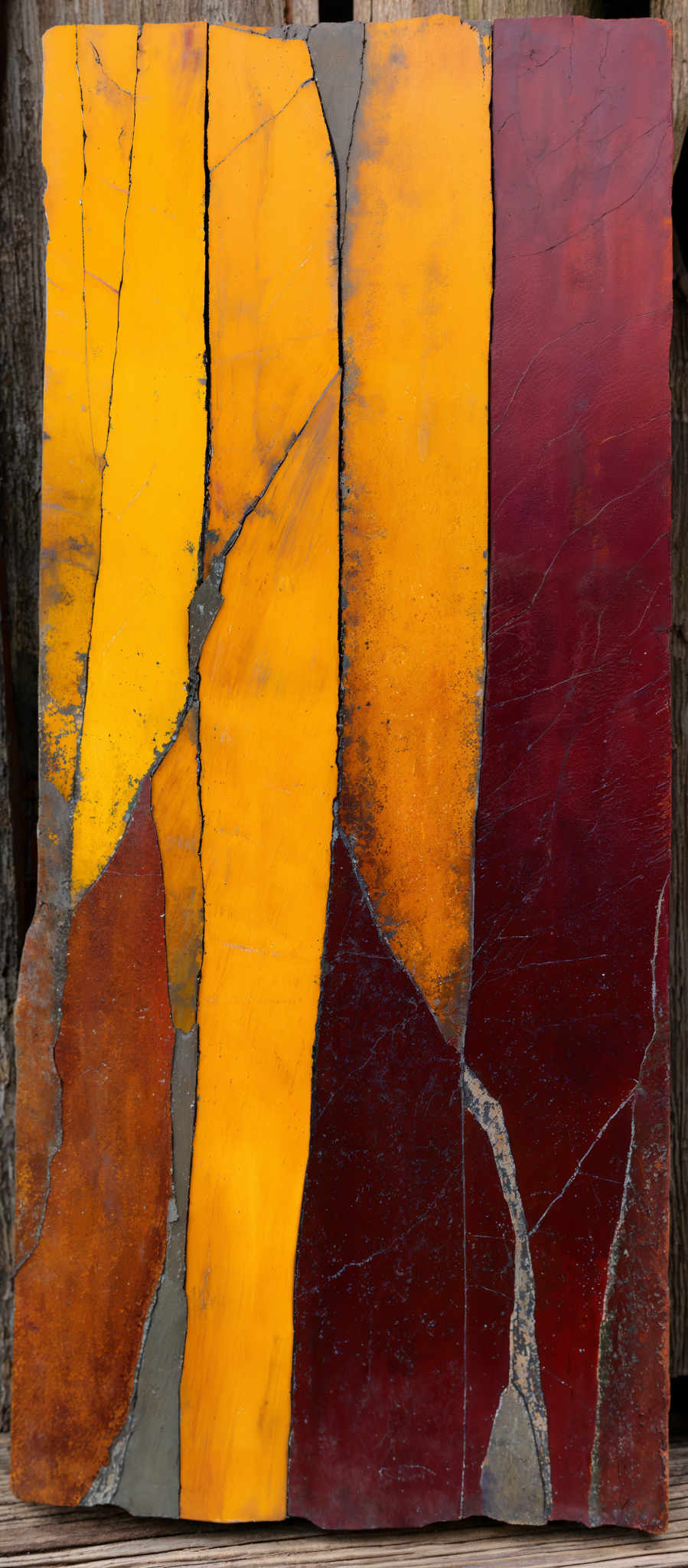 The image showcases a rectangular piece of artwork. It predominantly features a combination of vibrant colors such as deep red, bright yellow, and a muted gray. The artwork is divided into sections by what appears to be fractures or cracks, giving it a fragmented appearance. The colors are layered and seem to be applied in a manner that emphasizes the depth and texture of the piece.