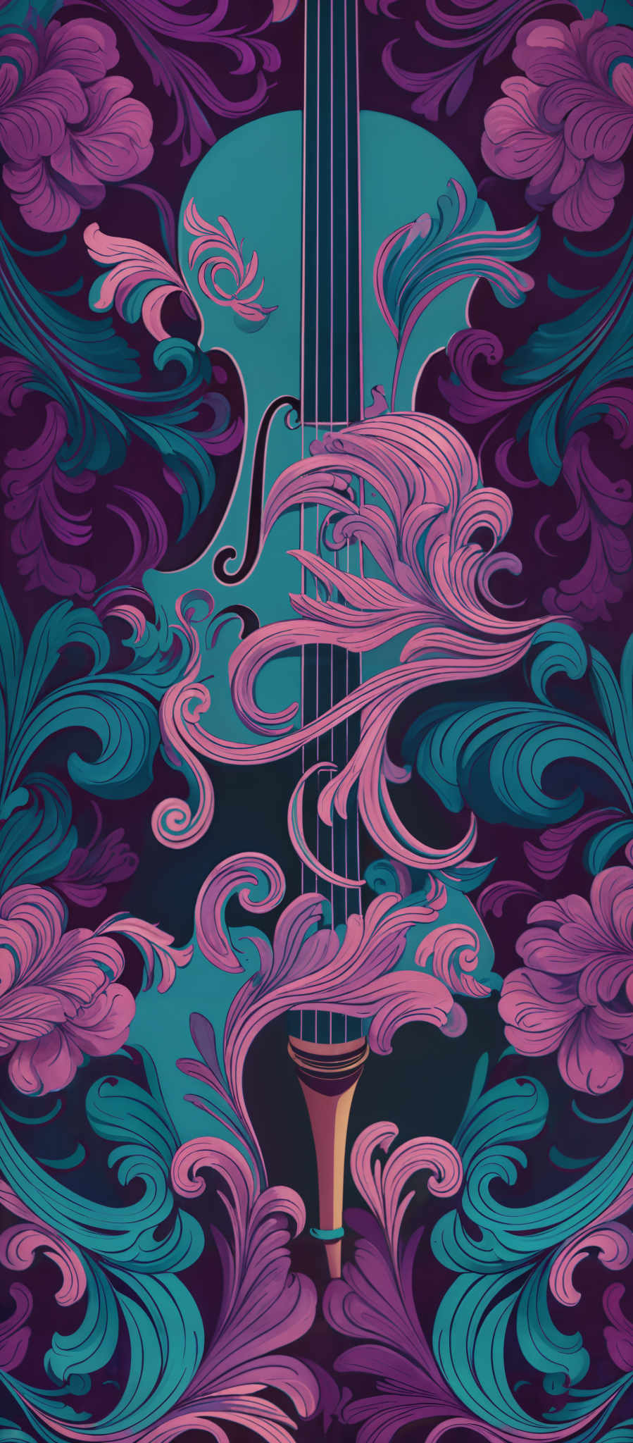 The image showcases a vibrant and intricate design with a central theme of a violin. The violin is depicted in a teal color, surrounded by ornate, swirling patterns in shades of purple, pink, and teal. These patterns resemble floral motifs, with each swirl having a unique shape and curvature. The background is a deep purple which contrasts beautifully with the lighter colors of the violin and its ornate surroundings.