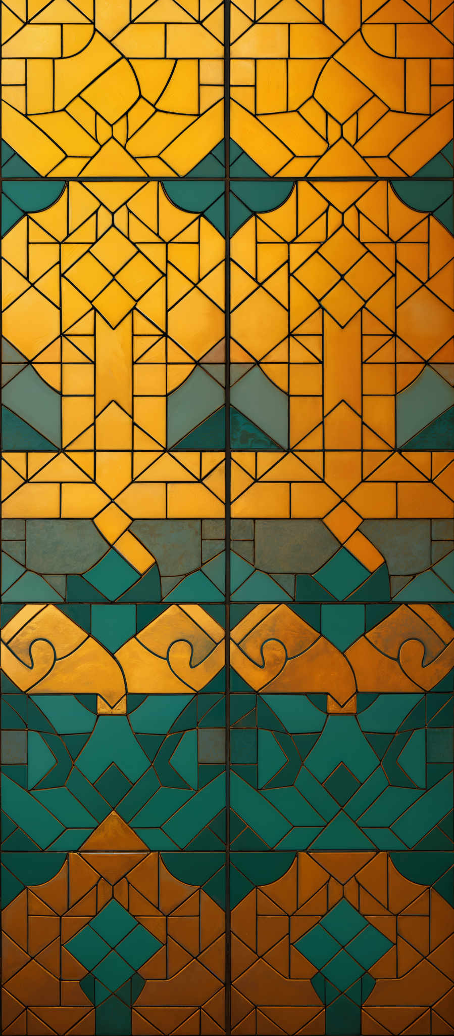 The image showcases a geometric pattern with a combination of triangles, rectangles, and other polygons. The dominant colors are shades of orange, teal, and gold. The pattern is symmetrical, with repeating motifs. The top half of the image has a series of interconnected triangles forming a larger triangle, while the bottom half displays a series that seems to be inspired by waves or water.