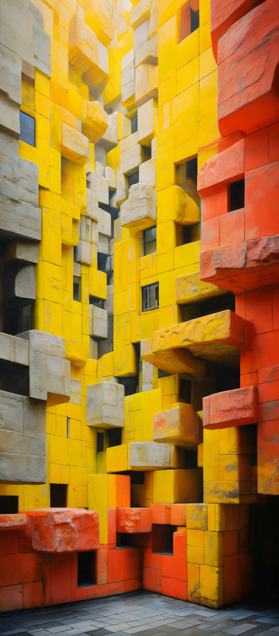 The image showcases a vibrant and intricate structure made up of interconnected blocks. The blocks are of varying sizes and are painted in three distinct colors: yellow, orange, and a muted gray. The yellow and orange blocks have a glossy finish, while the gray blocks appear more matte. The arrangement of these blocks creates an illusion of depth and three-dimensionality, with some blocks protruding outward and others receding into the background. The overall effect is reminiscent of a modern art installation or a part of a contemporary architectural design.