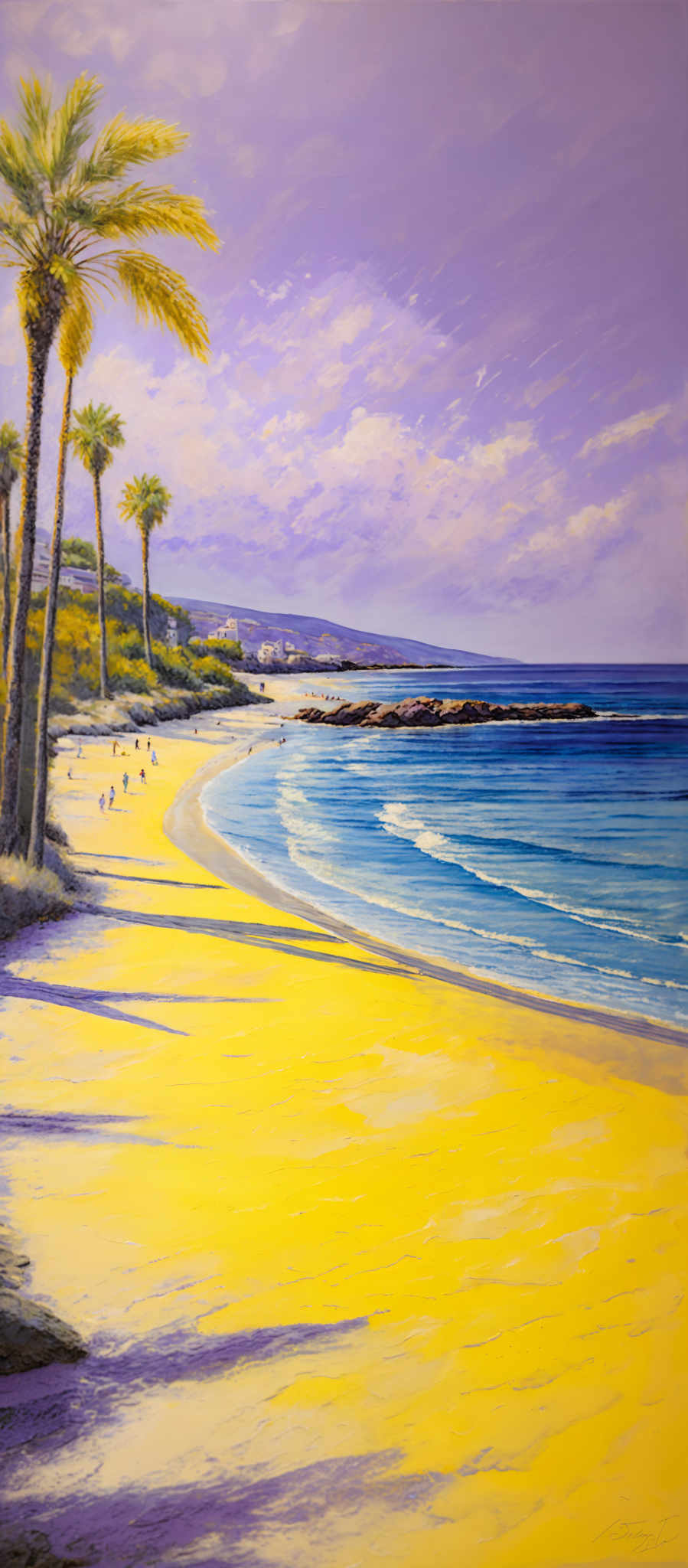 The image showcases a serene beach scene. The dominant colors are shades of blue, representing the sky and the ocean, and golden yellow for the sandy beach. There are tall palm trees on the left side, casting long shadows on the sand. The ocean has gentle waves crashing onto the shore. In the distance, there are some people, possibly enjoying a day at the beach. The horizon is marked by a line of hills or mountains. The overall mood of the image is calm and tranquil.